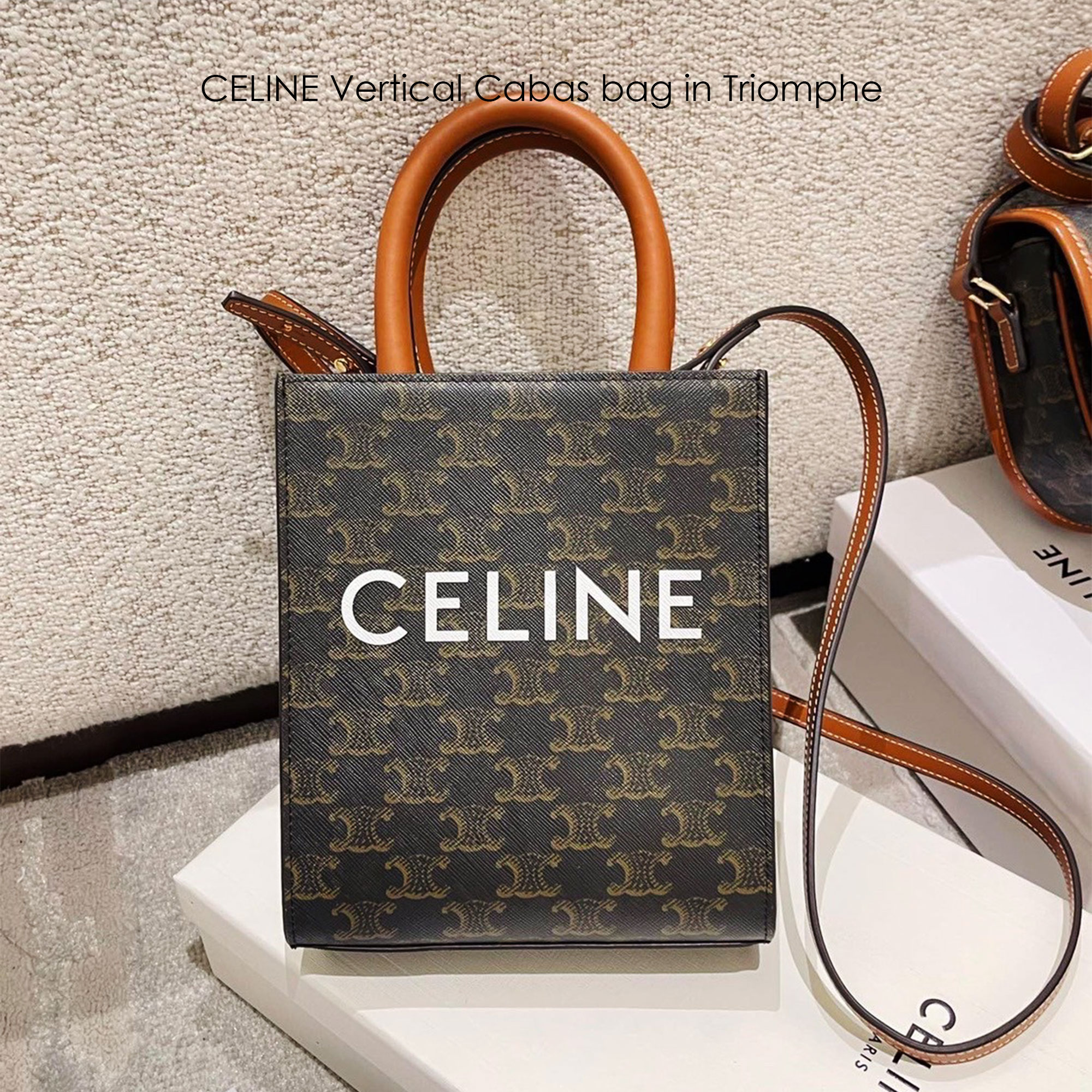 CELINE Vertical Cabas bag in Triomphe canvas ใหม่พร้อมเสิร์ฟ กับกระเป๋าสะพายทรงโท้ท ไซส์มินิ ขนาดกำลังสวยพอดี สะดวกพกพา โดดเด่นด้วยโลโก้เพิ่มดีเทลความแพงไปอีก