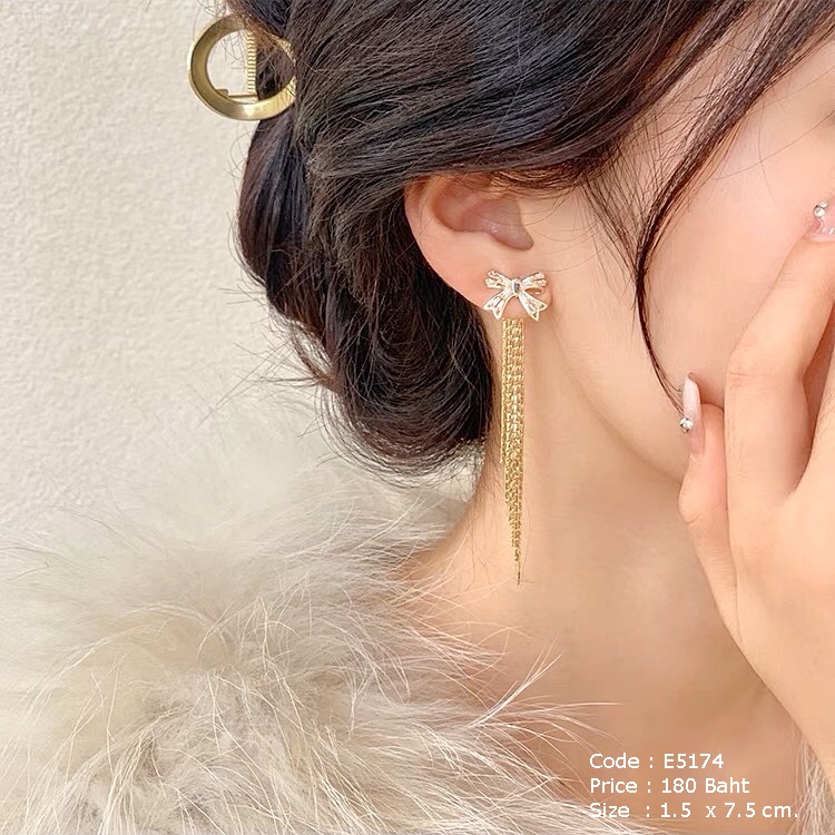 ต่างหูโบว์สีทองฝังเพชร cz ห้อยโซ่ยาว แยกใส่เฉพาะโบว์ได้