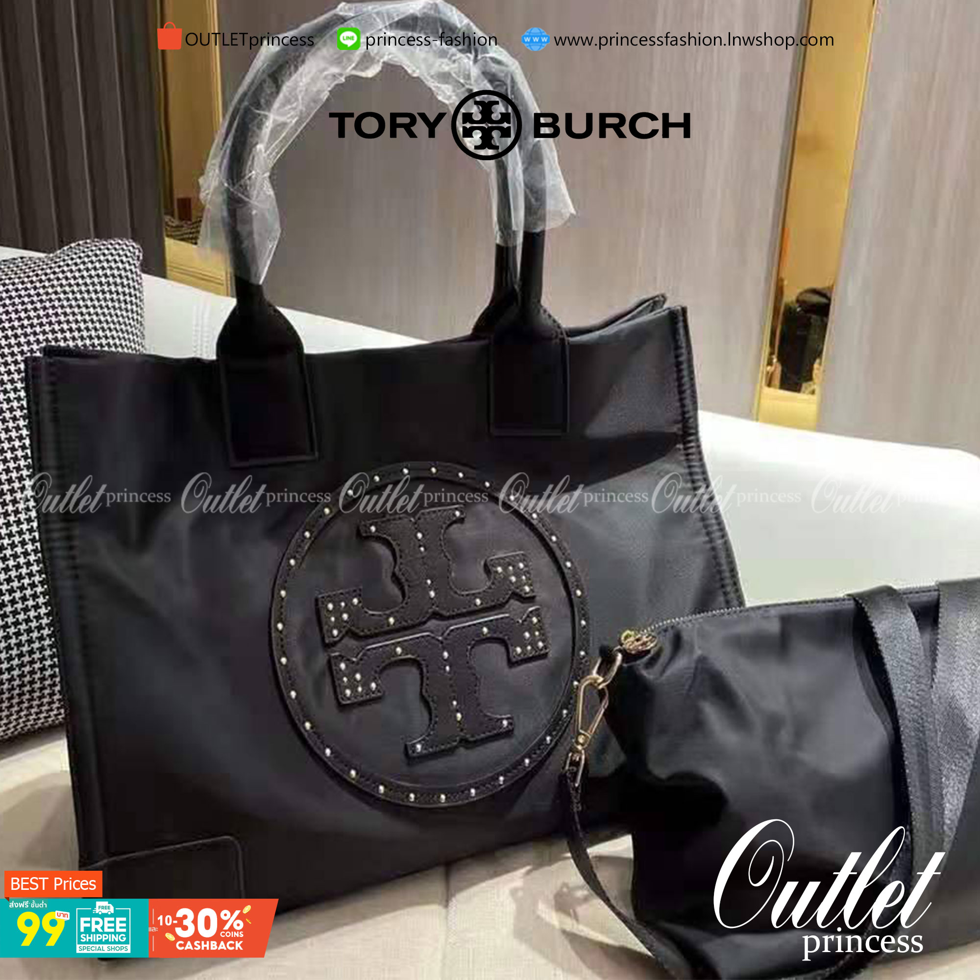 TORY BURCH ELLA TOTE BAG **BUY1GET1 สวยคุ้มในราคาสบายกระเป๋า‼️ กระเป๋าทรง SHOPPING วัสดุ NYLON ทั้งใบตัดด้วยหนัง SAFFIANO ดำ ตกแต่งด้วยหมุดรอบโลโก้แบรนด์ ด้านในบุผ้าปั้มแบรนด์ เปิดปิดด้วยกระดุมแม่เหล็ก ช่องกว้างหลักหนึ่งช่องและช่องซิปอีกช่อง พร้อมช่องใส่ข