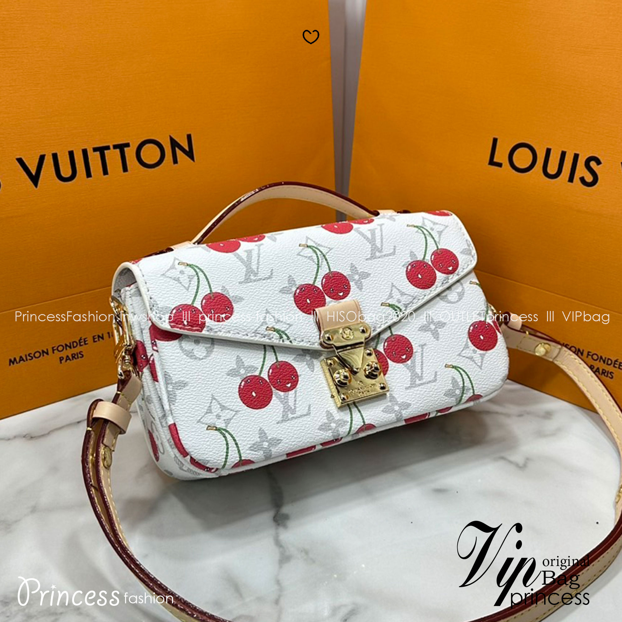 ORI หนังแท้ | LV x TM Pochette Métis East West Monogram cherry canvas กระเป๋าสะพาย ดีไซน์ใหม่โทนสีขาวในเฉดสีฤดูร้อนซึ่งตัดกับลวดลายเชอร์รี่สดใสที่ได้รับแรงบันดาลใจจากศิลปินชาวญี่ปุ่นได้อย่างสง่างาม