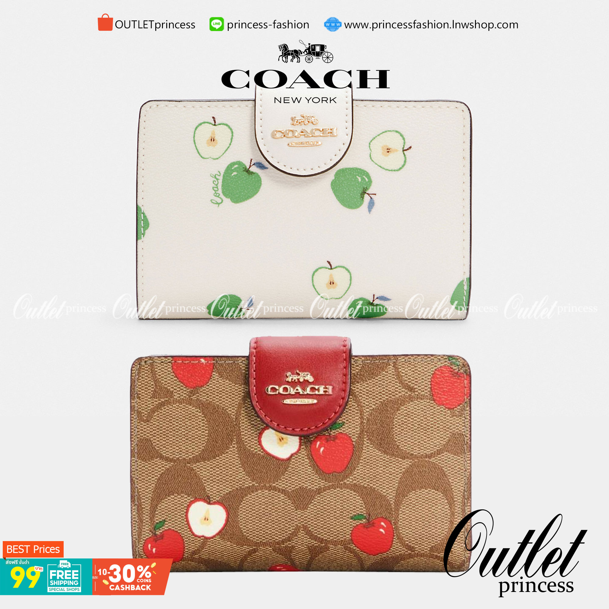 COACH C4117 MEDIUM CORNER ZIP WALLET IN SIGNATURE CANVAS WITH APPLE PRINT ดีไซน์ใหม่ล่าสุด!! คอลเลคชั่นลายพริ้นท์แอปเปิ้ลแดงโดดเด่นบนพื้นลายซิกเนเจอร์ เพิ่มลูกเล่นให้กระเป๋าสตางค์ของคุณ กระเป๋าสตางค์ใบกลาง ขนาดกำลังเหมาะมือ วัสดุหนังแคนวาส ดูแลรักษาง่าย ม