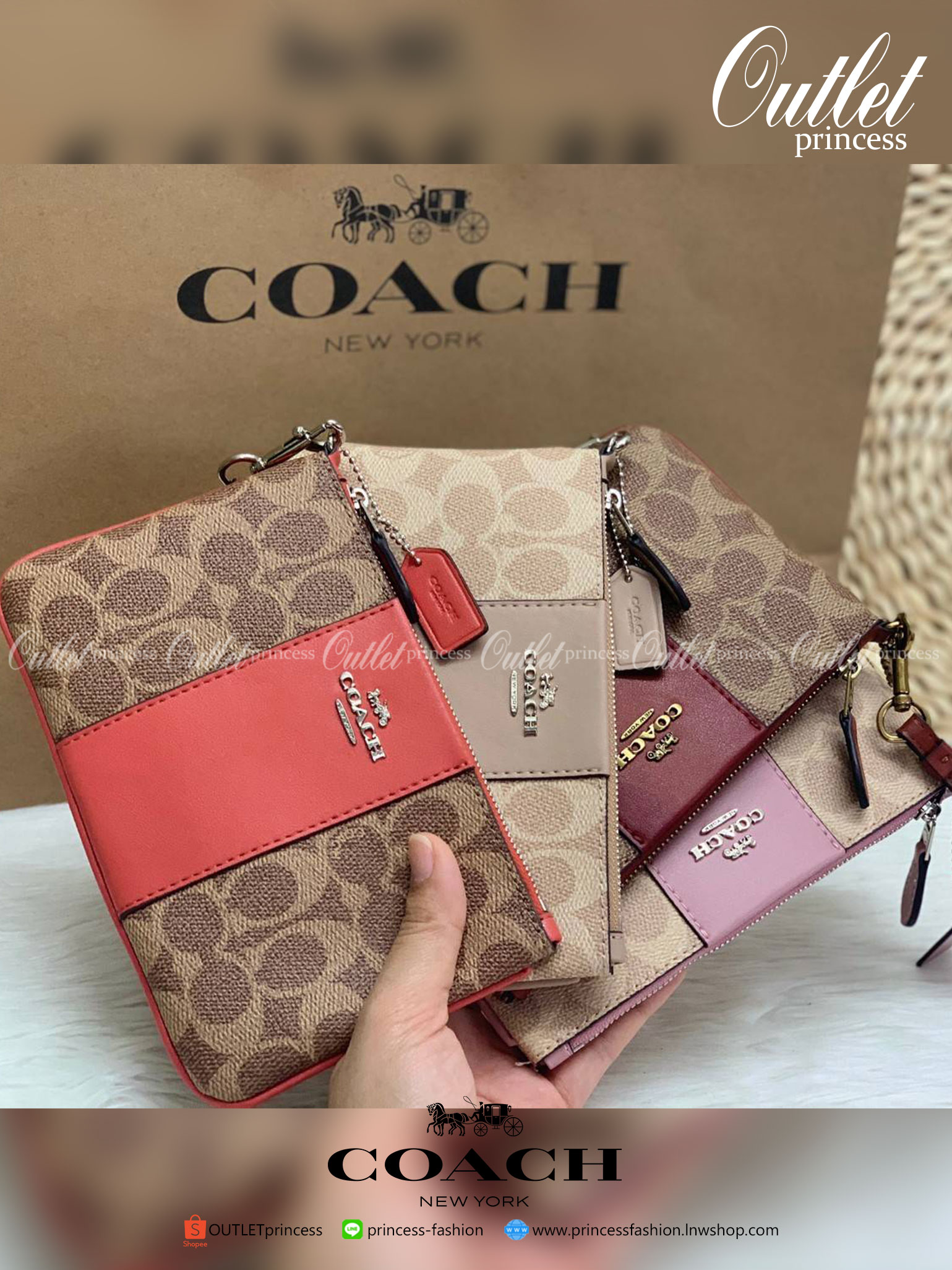 ORI COACH SMALL WRISTLET IN COLORBLOCK SIGNATURE ((32445)) ✔️กระเป๋าคล้องมือ วัสดหนัง pvc อย่างดี ลายซิกเนเจอร์ ตัดขอบสีตรงกลางสวยงามมากๆค่ะ