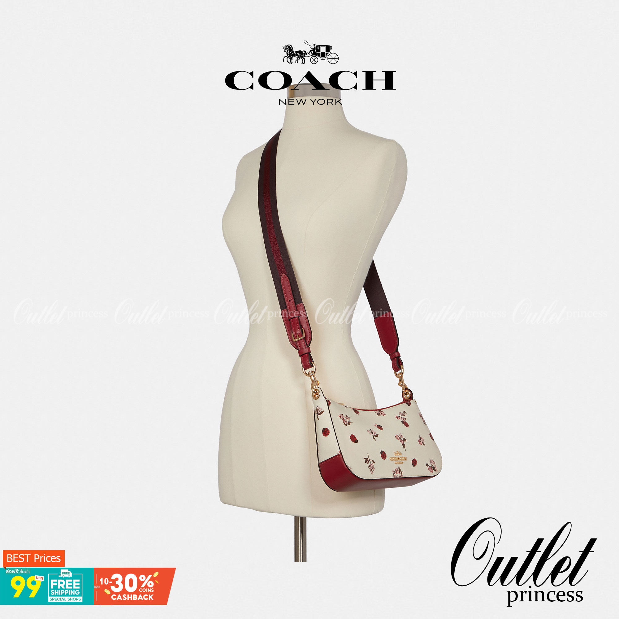 COACH C7973 JES BAGUETTE WITH LADYBUG FLORAL PRINT คอลเลคชั่นใหม่ล่าสุด พร้อมเสิร์ฟความสวยถึงบ้านเช่นเคย!! กระเป๋าสะพายทรงบาแกตต์ ดีไซน์ย้อนยุค ที่แอบแฝงความเรียบหรูดูแพงอยู่ในตัว โดดเด่นด้วยสายสะพายเส้นใหญ่ โทนสีคอนทราส ทำให้ไอเท็มนี้ดูมีลูกเล่นมากขึ้น ว