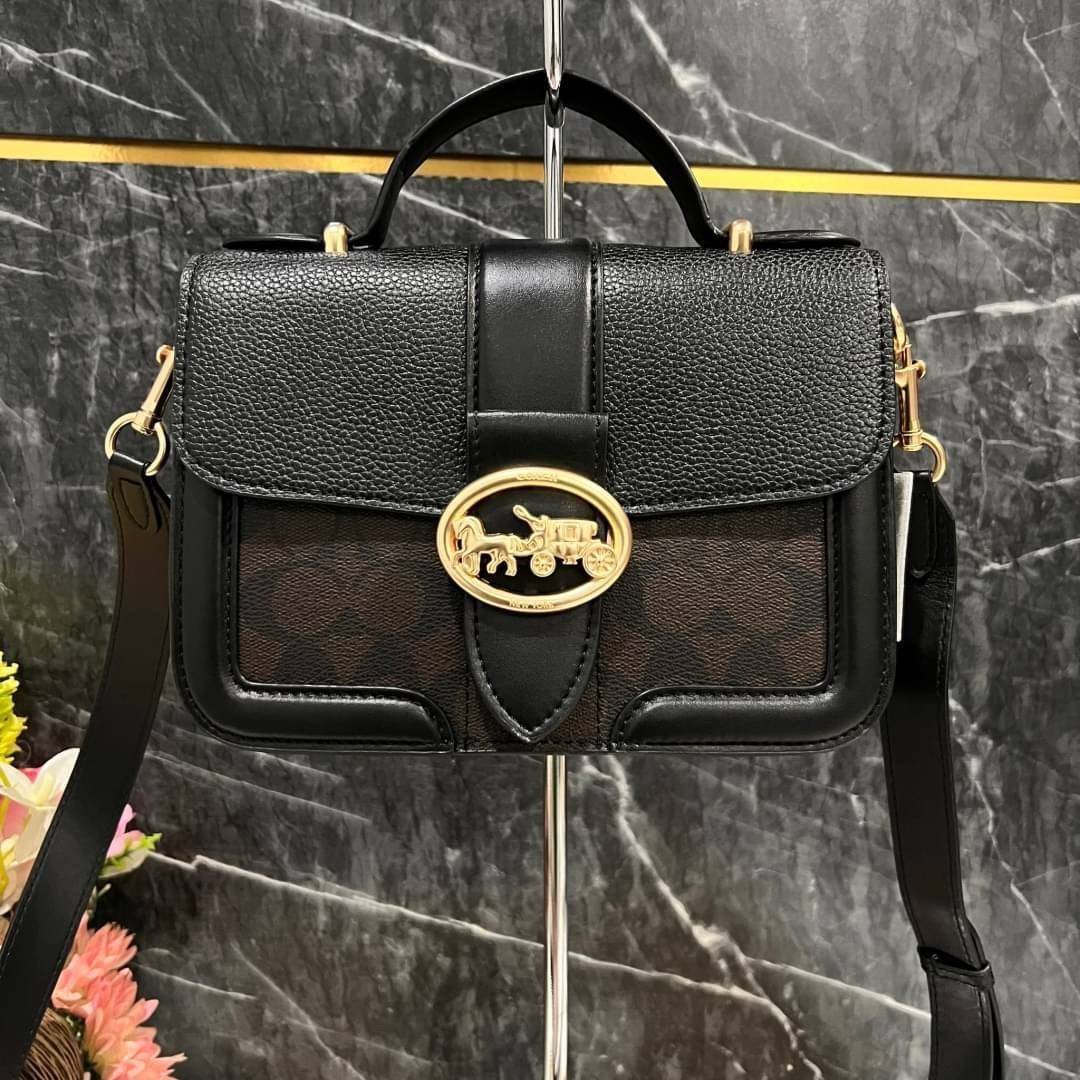 COACH SMALL GEORGIE TOP HANDLE IN BLOCKED SIGNATURE CANVAS ((6504//0468//6192//6015)) compact body portable shoulder bag 🌈ห้ามพลาด รุ่นแนะนำค่าา! พร้อมส่งทันที! กระเป๋าหิ้ว//สะพายข้างได้ วัสดุหนังแท้ 🔺หนึ่งใบทำลายหนังผสมกัน3แบบได้ลงตัวสวยง