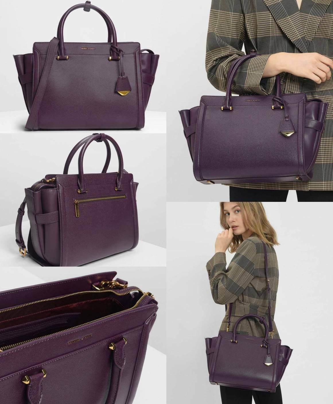 CHARLES & KEITH SAFFIANO TRAPEZE BAG กระเป๋าถือหรือสะพายรุ่นยอดนิยมดีไซน์สวยหรูวัสดุหนังคาเวียร์อยู่ทรง ด้านข้างเเต่งหนังช่องตัดดูมีดีเทล ด้านหน้ามีโลโก้ ด้านหลังมีช่องซิป เปิดปิดด้วยซิปหัวซิปแบรนด์ หูจับเเข็งแรง พับลงได้ พร้อมสายสะพายหนังปรับระดับได้ถอดไ