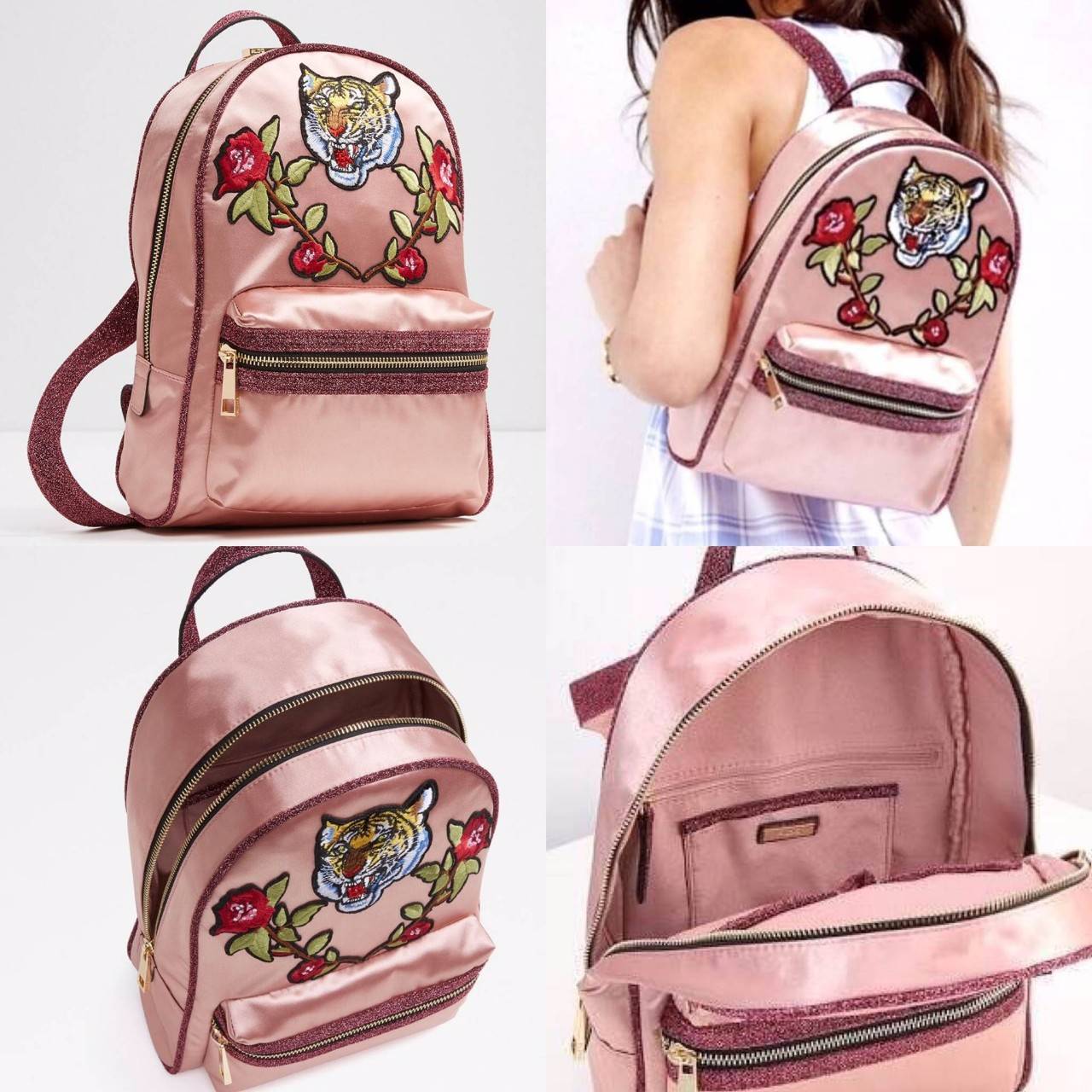 ALDO Grawn Satin Backpack with Tiger&Rose Patches กระเป๋าเป้สะพายหลังจาก ALDO แบรนด์ดังแคนนาดา ดีไซน์สุดชิคปักลายเสือและดอกไม้สวยทั้ง2สี ด้านหน้ามี 1 ช่องซิป เปิดปิดด้วยซิปคู่สะดวกใช้ ภายในมีโลโก้ ช่องซิปและช่องใส่ของ จุได้เยอะ ใส่ ipad ได้ น้ำหนักเบา หูจ