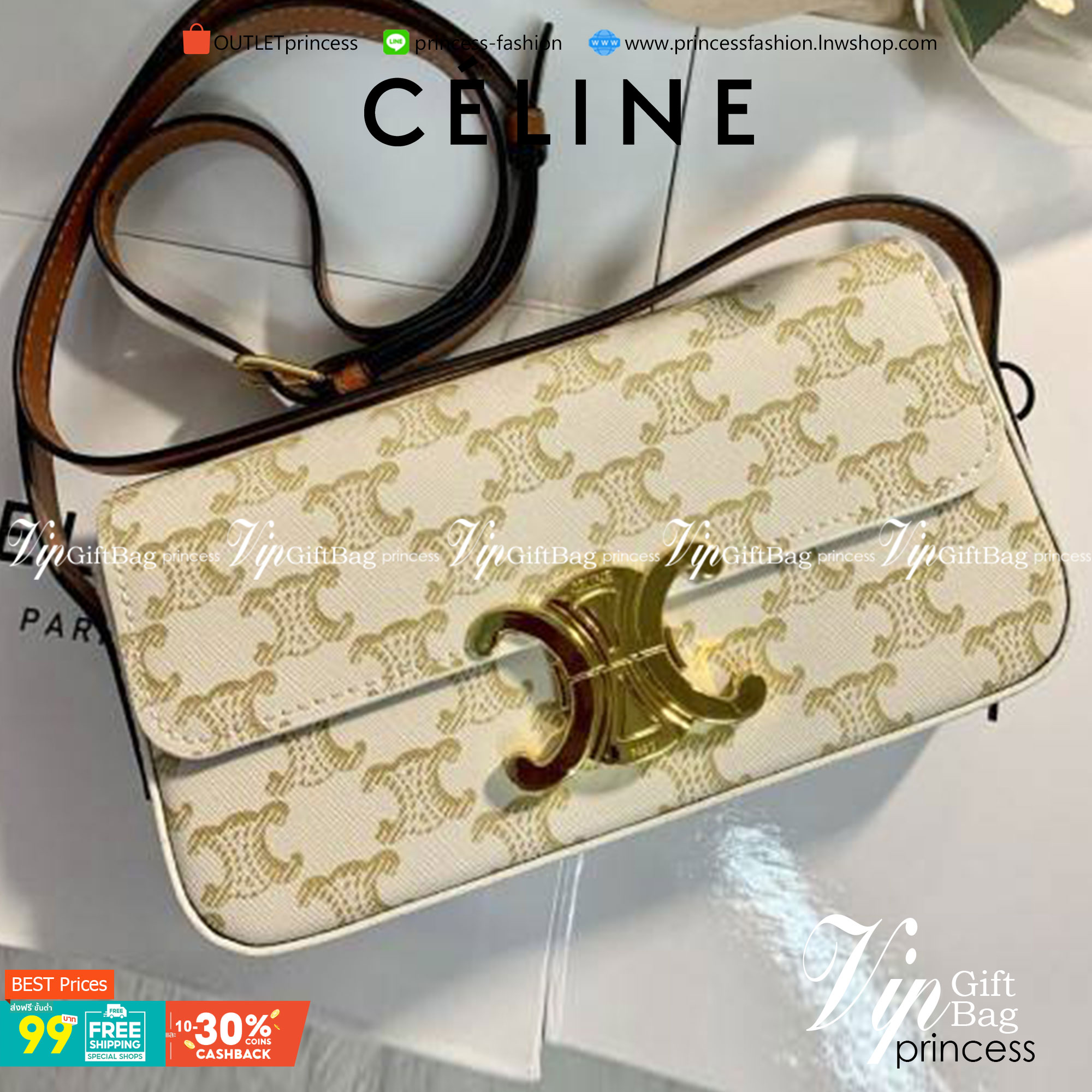 CELINE TRIOMPHE SHOULDER BAG VIP ดีไซน์ยอดนิยมสไตล์สาว LISA ทรงเหลี่ยมหนังSaffianoสวยหรูอยู่ทรง