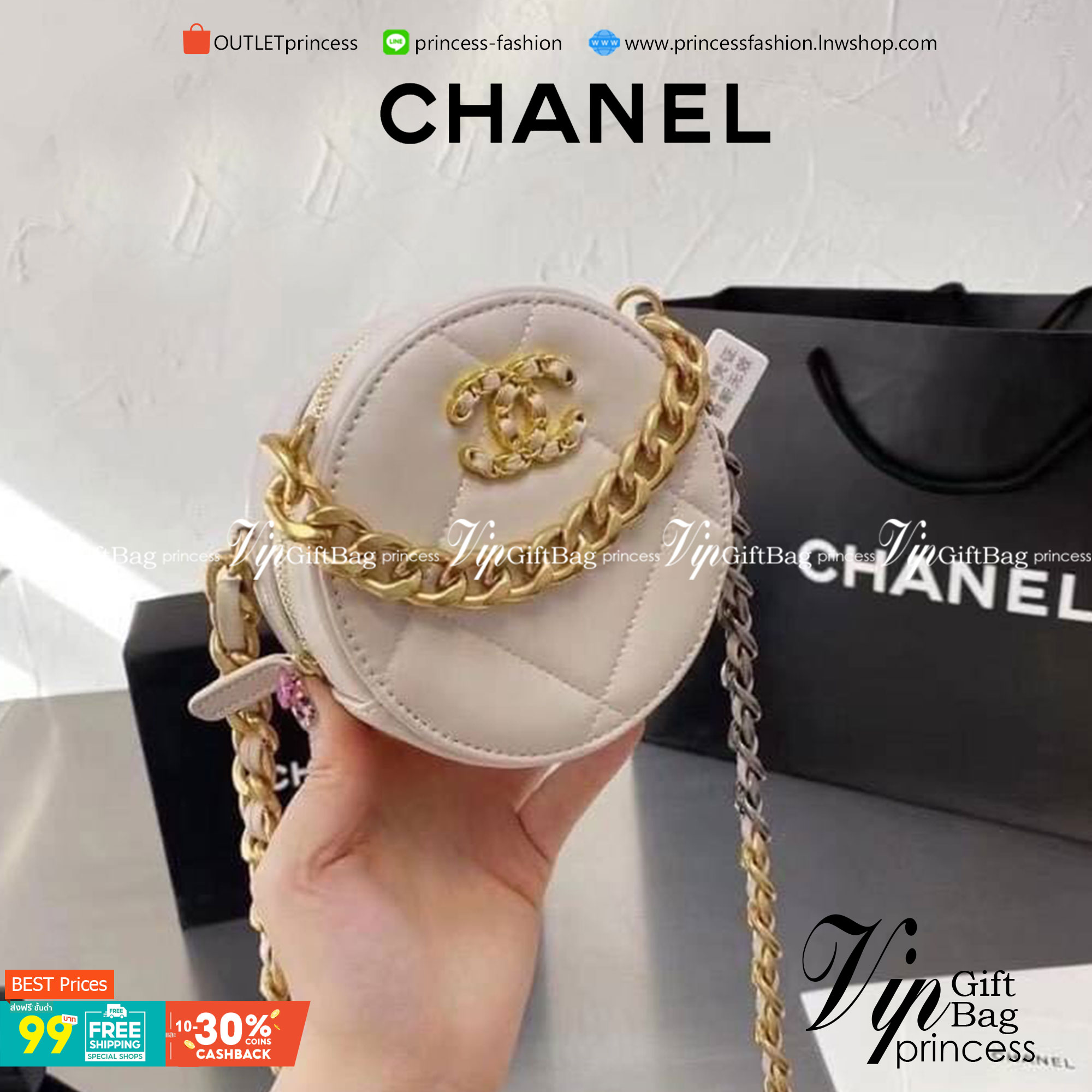 CHANEL Goatskin round quilted rhombic chain crossbody bag กระเป๋าสะพายทรงกลม งานหนังสวยมาก สายโซ่ทองรมควันสลับเงินเพิ่มความหรูหรา เป็นรุ่นตามหาที่ลูกค้าสอบถามเข้ามาเยอะมาก สินค้าเข้าแล้วน้า พร้อมส่งความสวยแล้วค่าา พร้อมส่ง 4 สี ดำ ขาว เบจ ชมพู