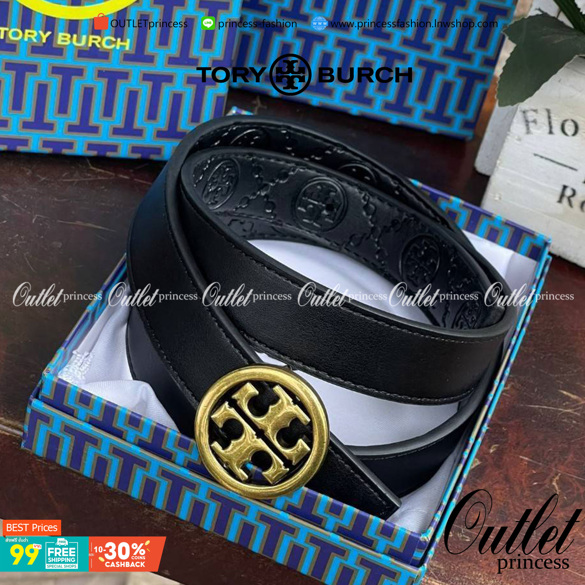 Tory burch Midnight with Tag Logo Monogram Embossed Leather Belt เป็นเข็มขัดที่ตอบโจทย์ของคุณได้อย่างลงตัวทุกสไตล์การแต่งตัว ไม่ว่าจะใส่คู่กับเดรสหรือกางเกงยีนส์ก็ดูดีทีเดียว เพราะหัวเข็มขัดโดดเด่นด้วยดีไซน์ทรงกลมรูป Double T ที่เป็นสัญลักษณ์ประจำแบรนด์ ส