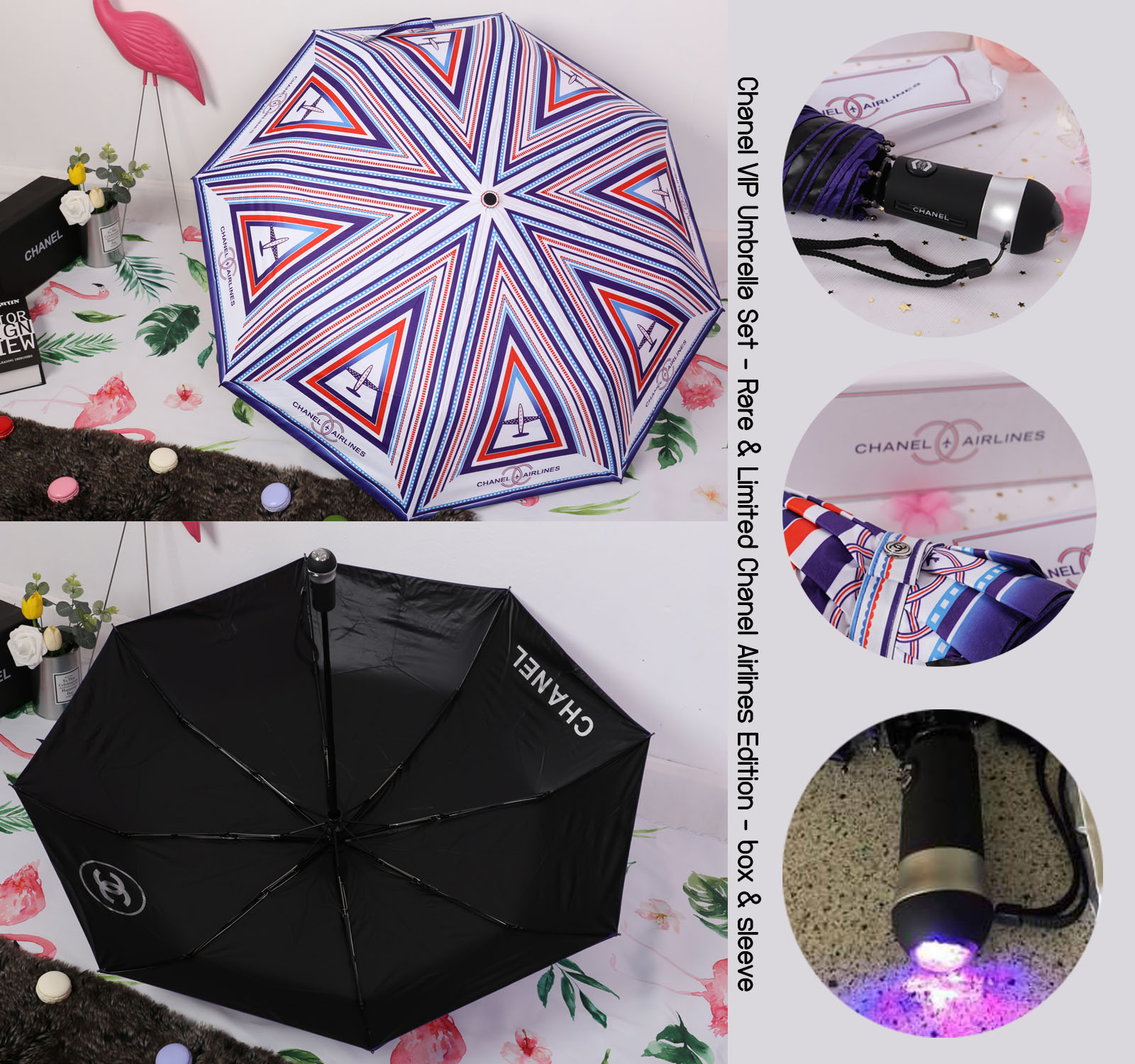 Chanel VIP Umbrella Set - Rare & Limited Chanel Airlines Edition - box & sleeve Vip Gift Chanel ของแท้ 100% ด้ามจับและกระดุมมีแบรนด์ชาแนลทุกจุด ตรงปลายด้ามจับเป็น Handy LED Light to Handle ไฟเปิด-ปิด และเปลี่ยนสีได้อัตโนมัติ ใช้ส่องเวลาเดินตอนกลางคืน ใช้ถ