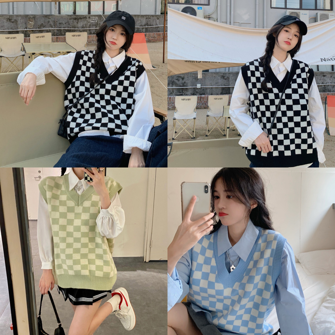 พร้อมส่ง 3 สี💫 Manita swaeter เสื้อกั๊กไหมพรมแขนกุดลายตารางสวยมาก (IN35897)