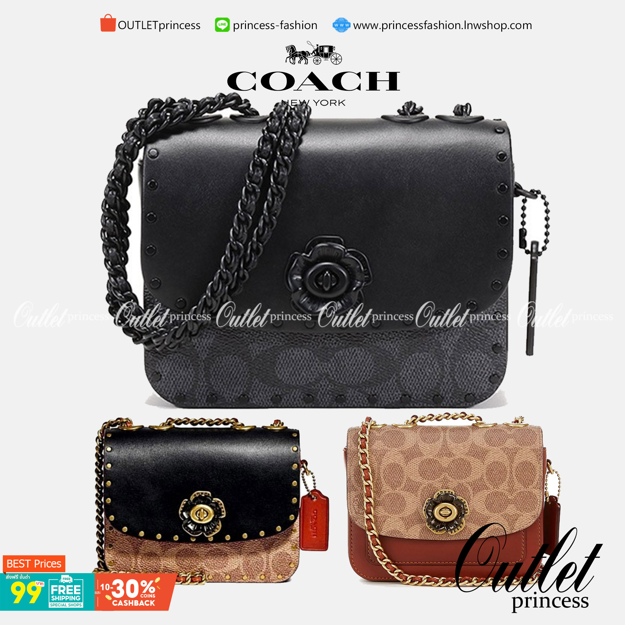 COACH C2462 MADISON SHOULDER BAG 16 IN SIGNATURE CANVAS WITH RIVETS กระเป๋าสะพายข้าง ไซส์กะทัดรัด พกพาง่าย น้ำหนักเบา ดีไซน์สวย โดดเด่นด้วยตัวล็อครูปดอกไม้ สีสันตกแต่งตัดกันกับลายซีอย่างลงตัว วัสดุหนังแคนวาสเคลือบลาย ภายในแบ่งสัดส่วนให้อย่างดี มาพร้อมสายส