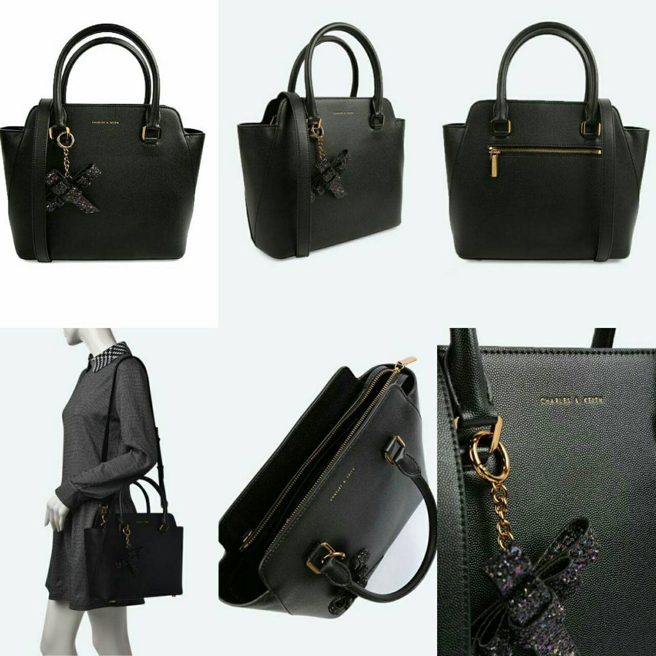 NEW ARRIVAL! CHARLES & KIETH TRAPEZE BAG 2018 กระเป๋าถือหรือสะพายคอลเลคชั่นใหม่ชนช็อปดีไซน์ยอดนิยมวัสดุหนังคาเวียร์อยู่ทรงสวย โดดเด่นที่หูหิ้วประดับพวงกุญแจโบว์ห้อย เปิดปิดด้วยซิปภายในมีช่องซิป หัวซิปปั้มโลโก้ มีหมุดรองฐานกันรอยสี่มุม พร้อมสายสะพายยาวปรับ