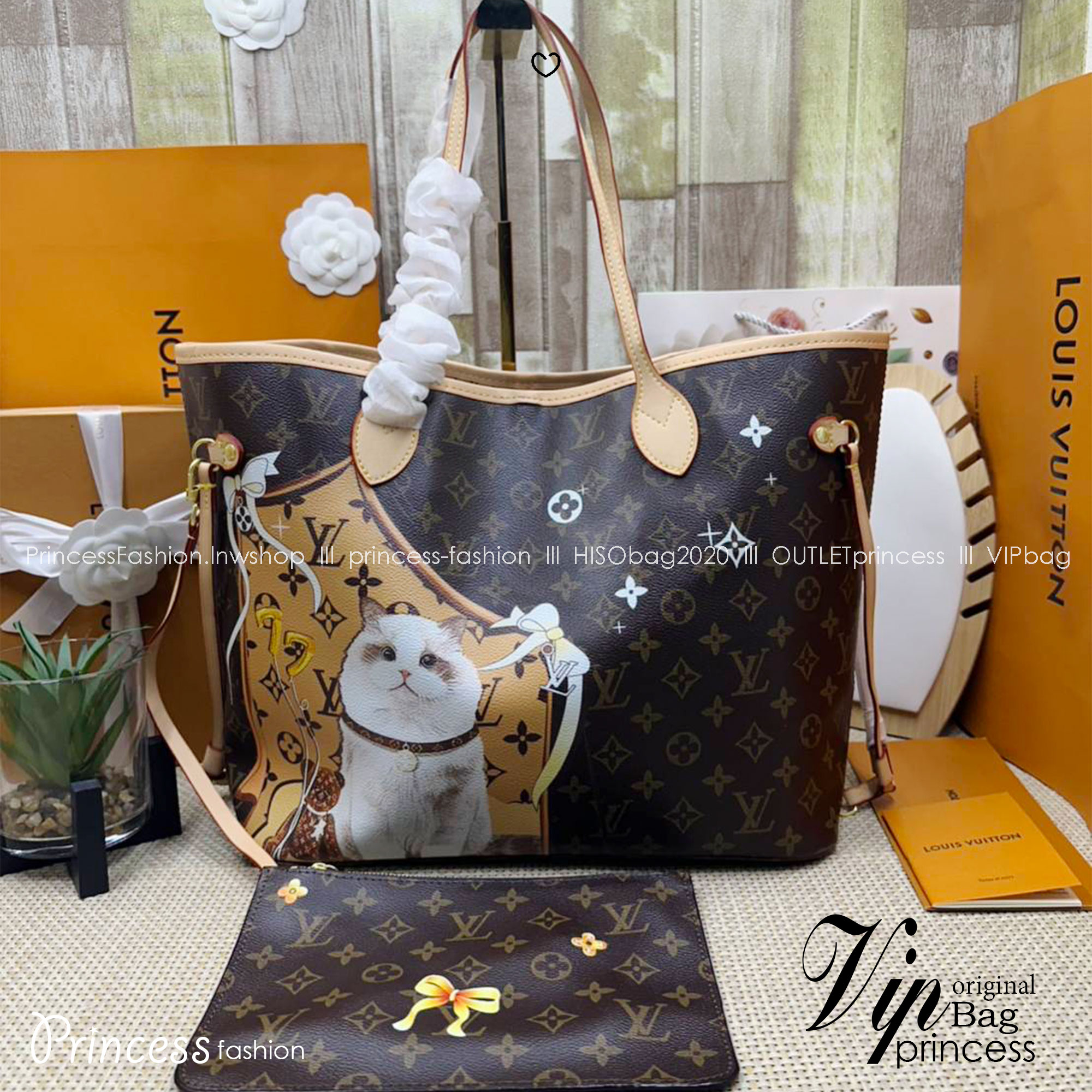 LV Neverfull MM Tote Monogram Canvas With Cat / Puppies กระเป๋าทรงโท้ท รุ่นลิมิเต็ด พิมพ์ลายน้องหมา น้องแมว ลวดลายท่องเที่ยว ลายสีสัน เป็นการรังสรรค์สุดท้าทายครั้งใหม่ของกระเป๋ารุ่นไอคอนิกจากหลุยส์ ผสานความหลากหลายในการใช้งานยุคใหม่กับพลังสีสันอันสดใสได้อ