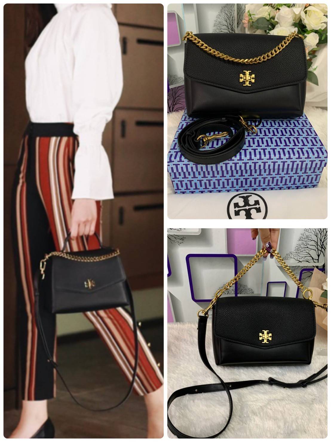 TORY BURCH KIRA MIXED-MATERIALS TOP-HANDLE SATCHEL กระเป๋าสะพายข้าง วัสดุหนังแกะสังเคราะห์ อะไหล่ทอง ด้านหน้าประดับโลโก้แบรนด์ ตกแต่งสายโซ่ห้อยสีทอง (สามารถถอดออกได้) เปิด-ปิดด้วยตัวล็อคหมุน ภายในโล่งกว้าง ซับในบุผ้าลายแบรนด์ แบ่งออกเป็น 3 ช่องใหญ่ พร้อมช