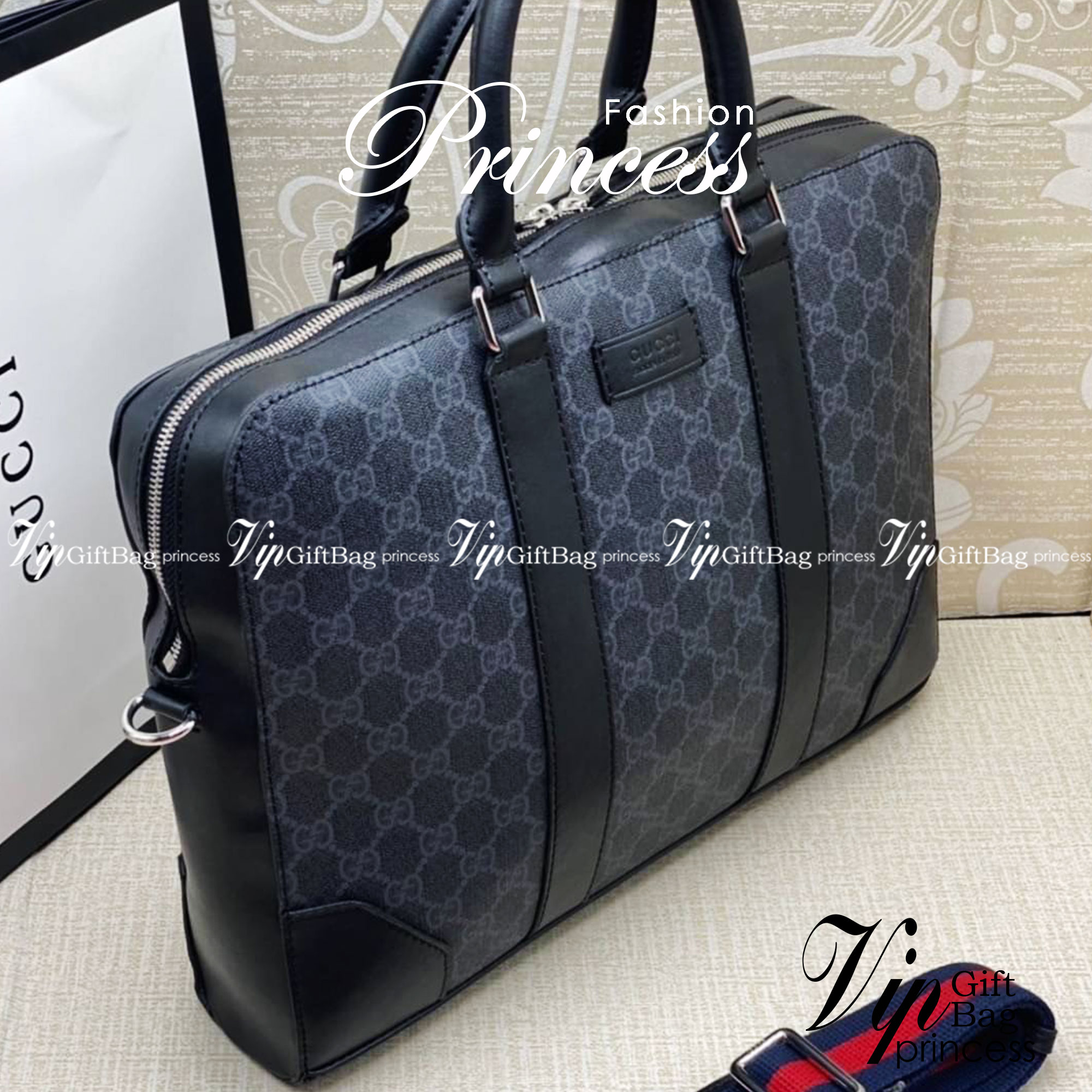 Gucci GG Supreme Briefcase พร้อมส่งที่ไทย ภาพสินค้าถ่ายจากงานจริง GG Supreme work bag with Web shoulder strap