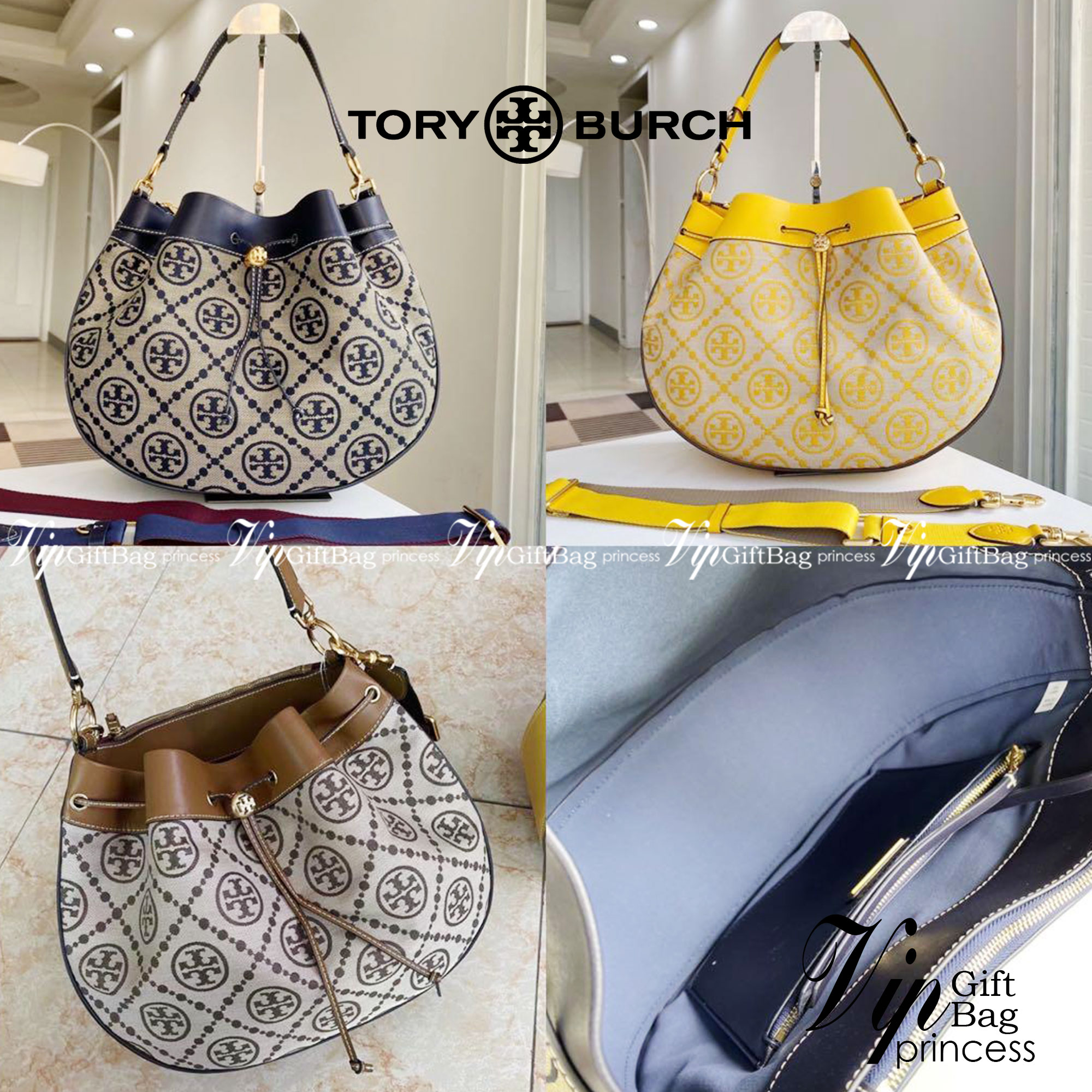 Tory burch t monogram jacquard drawstring hobo กระเป๋าถือและสะพายข้างทำจากผ้าใบ jacquard ตัดด้วยหนังแท้ อีกหนึ่งคอลเลคชั่นจาก T monogrameที่ออกแบบมาในรูปทรงกระเป๋า hobo ทรงสวย มีสไตล์เป็นทรงที่สาวๆนิยมใช้
