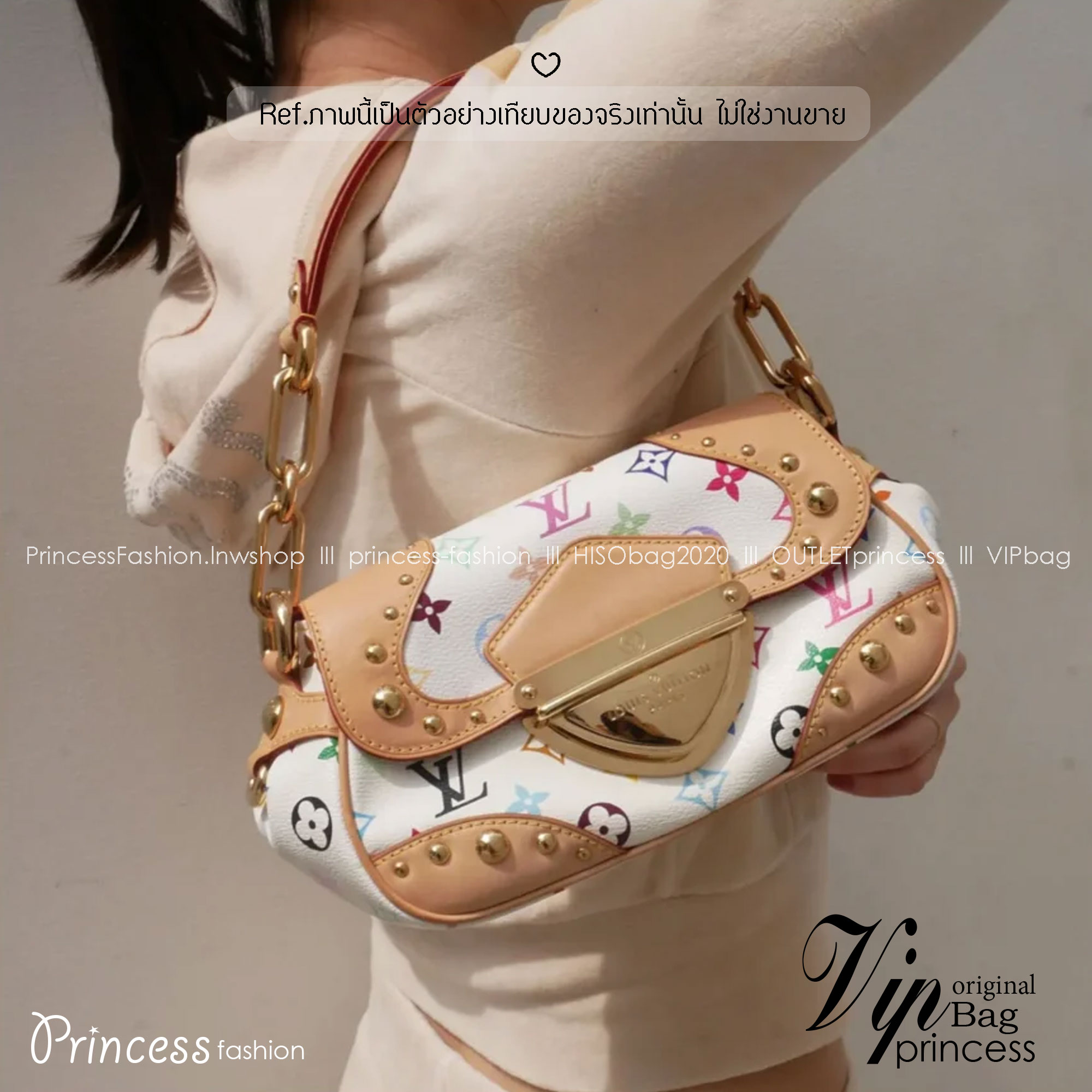 ORI หนังแท้ | Lv Marilyn White Multicolor Monogram Canvas Shoulder Bag กระเป๋าสะพายสไตล์วินเทจ ดีไซน์สีสันสดใสน่ารัก มีชีวิตชีวา โดดเด่นด้วยตัวล็อคด้านหน้าแบบกดขนาดใหญ่ จะถือแบบคล้องแขนหรือสะพายไหล่ก็ได้