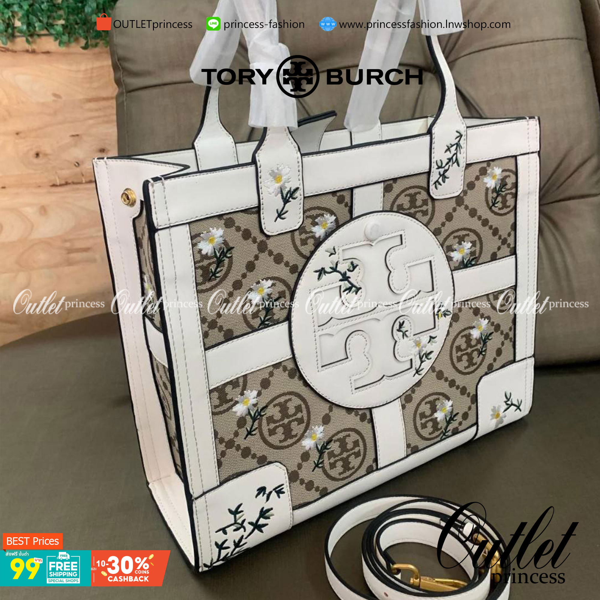 Tory Burch ella jacquard embroidered quadrant tote ลายโมโนแกรม (Monogram) (Material : Woven jacquard leather) ดีไซต์ลำ้เอกลักษณ์ที่โดดเด่น เป็นอีกหนึ่งรุ่นที่ Tory ฺBurch ภูมิใจนำเสนอ ใบใหญ่ค่ะ จุของได้เยอะ ใส่ A4 ได้ งานสวย ตั้งอยู่ทรง จุดเด่นของรุ่นนี้ค