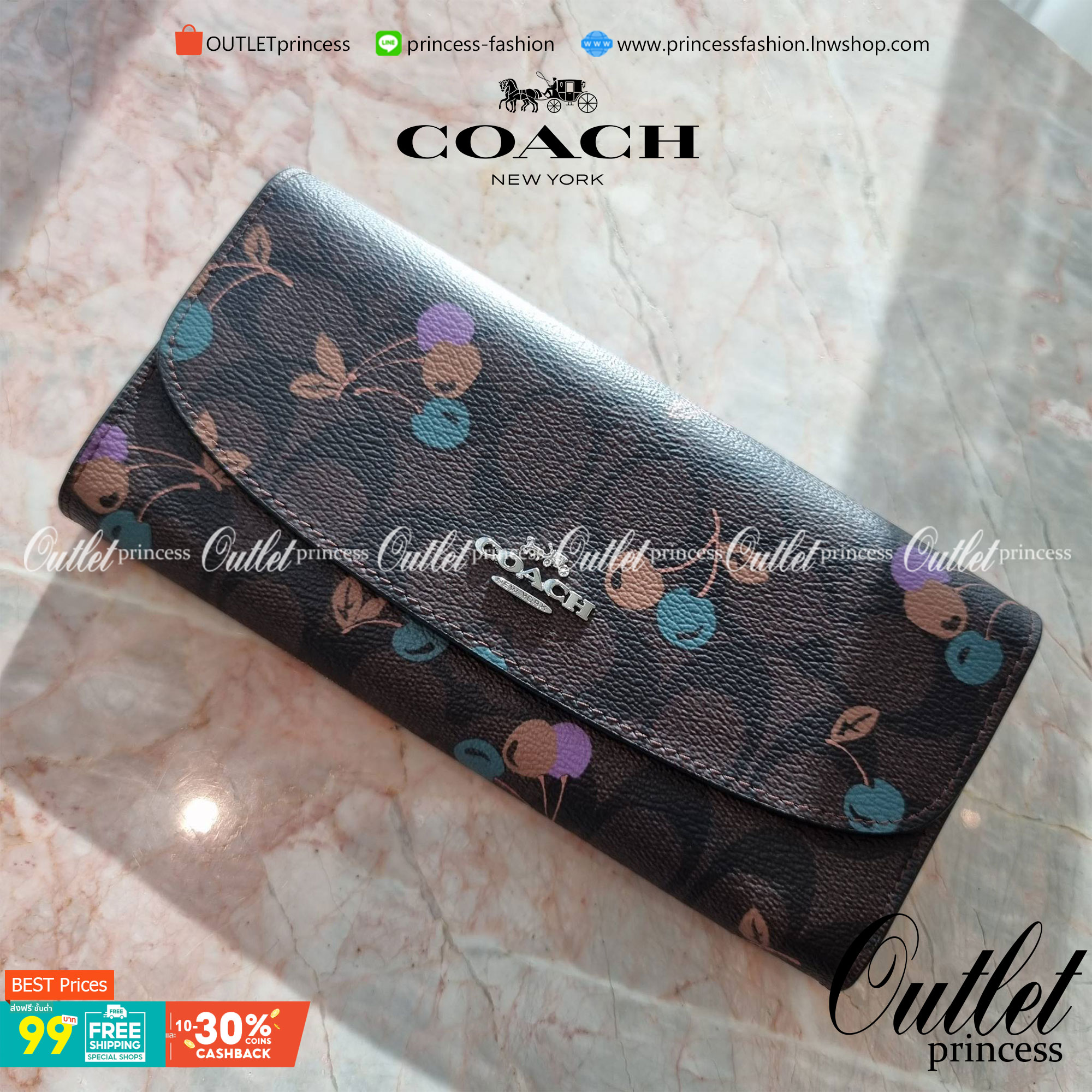 OUTLET 】COACH F31562 SLIM ENVELOPE WALLET IN SIGNATURE CANVAS WITH CHERRY PRINT คอลเลคชั่นใหม่ล่าสุด ต้อนรับนิวเยียร์ไปเลย!! 🍒🎊 กระเป๋าสตางค์รุ่นขายดี ทรงจดหมายรุ่นฝาพับ ดีไซน์ลายเชอร์รี่ น่ารักสดใส วัสดุหนังแคนวาสเคลือบลาย ภายในใส่มือถือไ