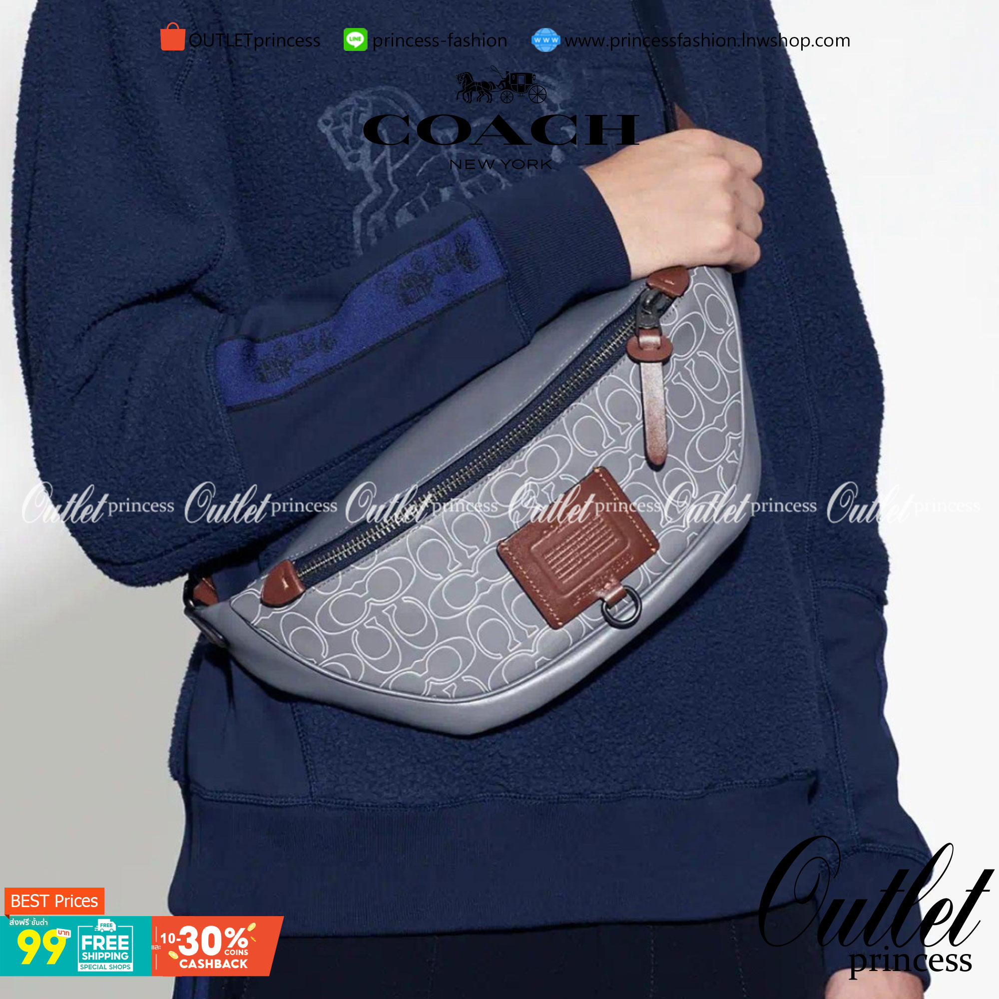 OUTTLET 】COACH RIVINGTON BELT BAG IN REFLECTIVE SIGNATURE LEATHER (78899)