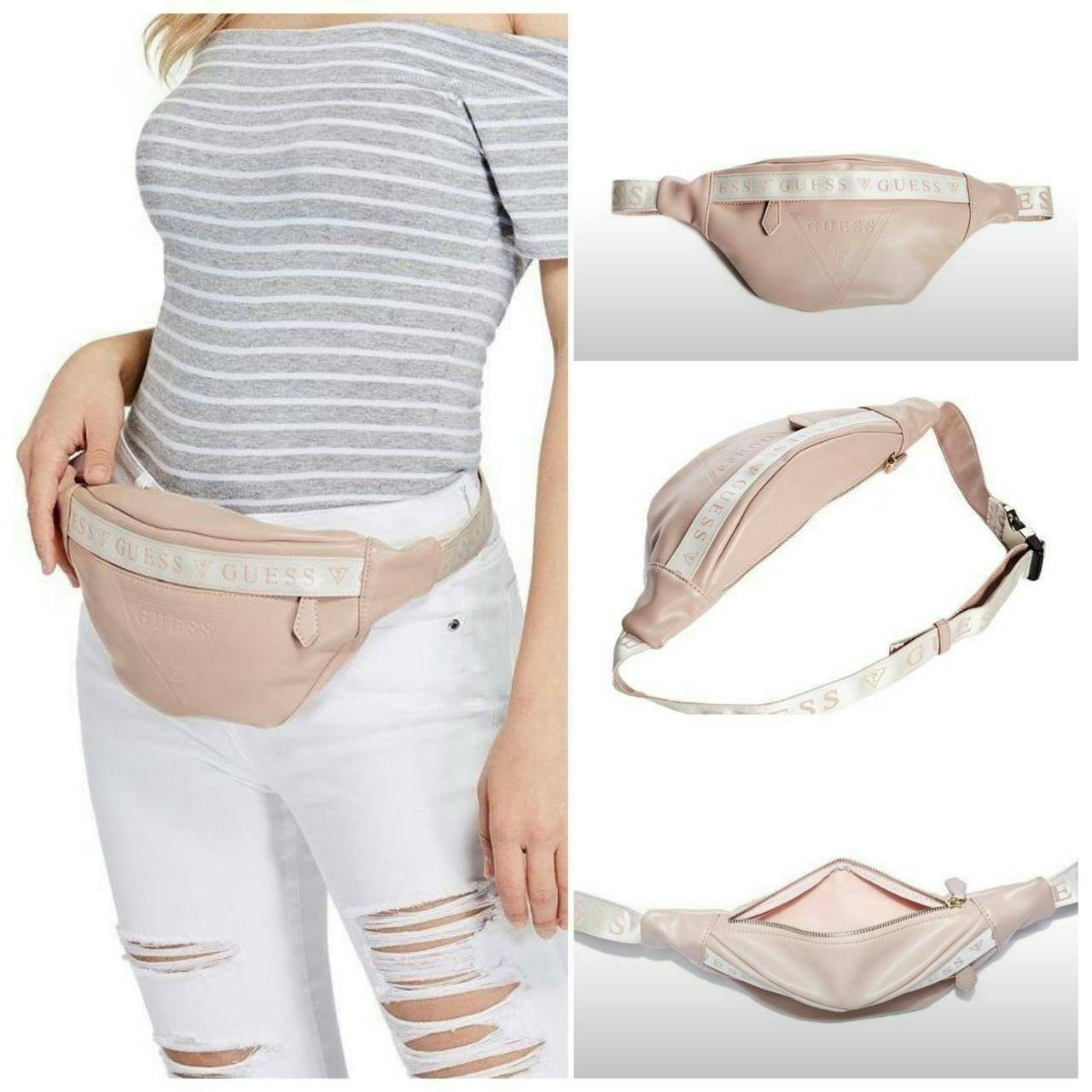 GUESS GESABEL GYM FANNY PACK กระเป๋าหนังคาดเอว/อก ด้านหน้าปั๊มโลโก้แบรนด์ทรงสามเหลี่ยม ตัวกระเป๋าเปิดปิดด้วยซิปใช้งานง่าย มี 2 ช่องซิป มีลูกเล่นซ่อนซิปหน้าคาดปิดด้วยสายพิมพ์โลโก้ ภายในกระเป๋าโล่งกว้าง สามารถใส่มือถือได้ทุกรุ่น จุของได้เยอะ รับรองถูกใจสาวๆ