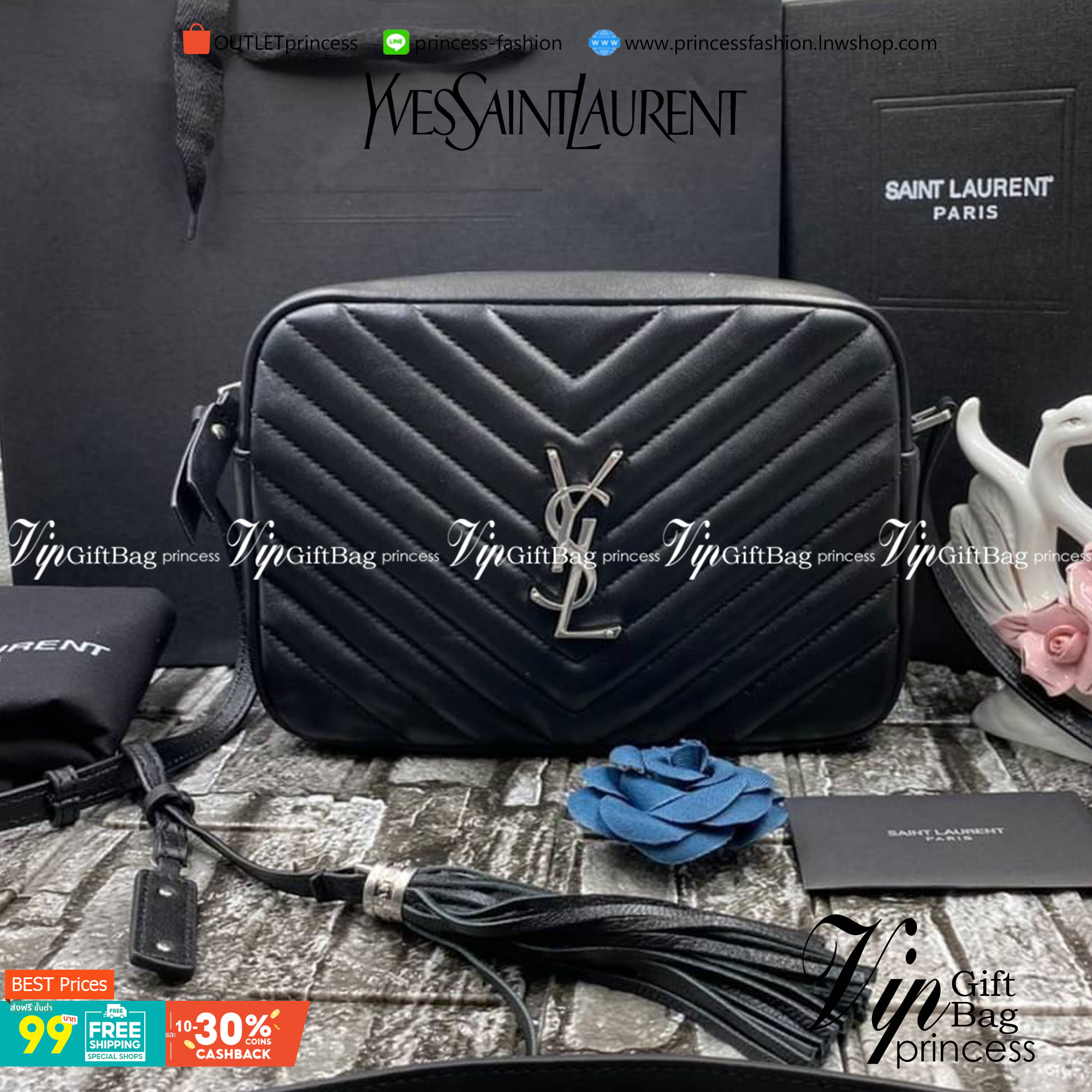 VIP 】หนังแท้ YSL SAINT LAURENT Lou Medium Monogram YSL Calf Crossbody Bag