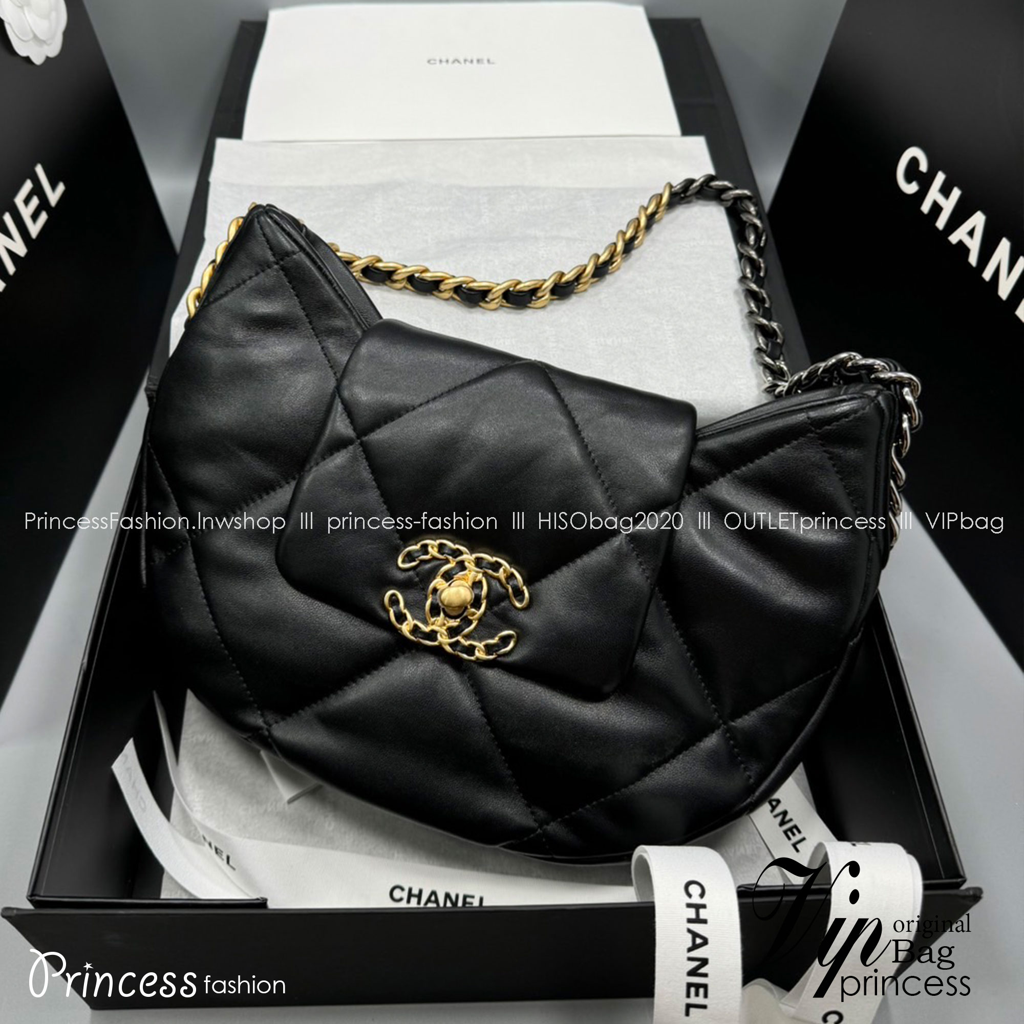 CHANEL 19 Hobo Bag Black Mixed Metal Hardware กระเป๋าสะพายหนังแท้ เกรดออริ ท็อป สลับแท้ 1:1 ผ่านทุก ตม ใช้งานต่างประเทศได้