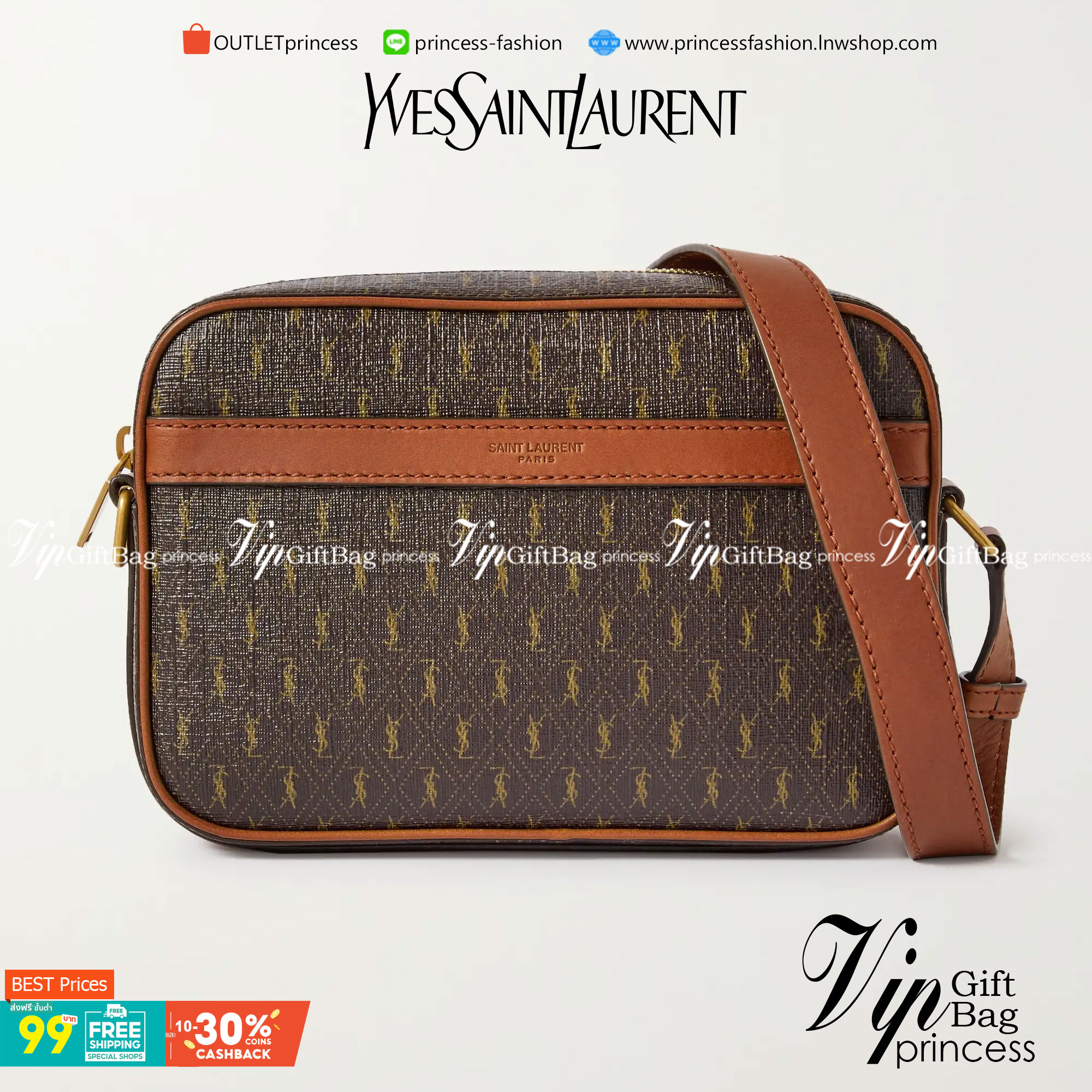 VIP 】หนังแท้ YSL SAINT LAURENT Leather-Trimmed Monogrammed Coated-Canvas Messenger Bag