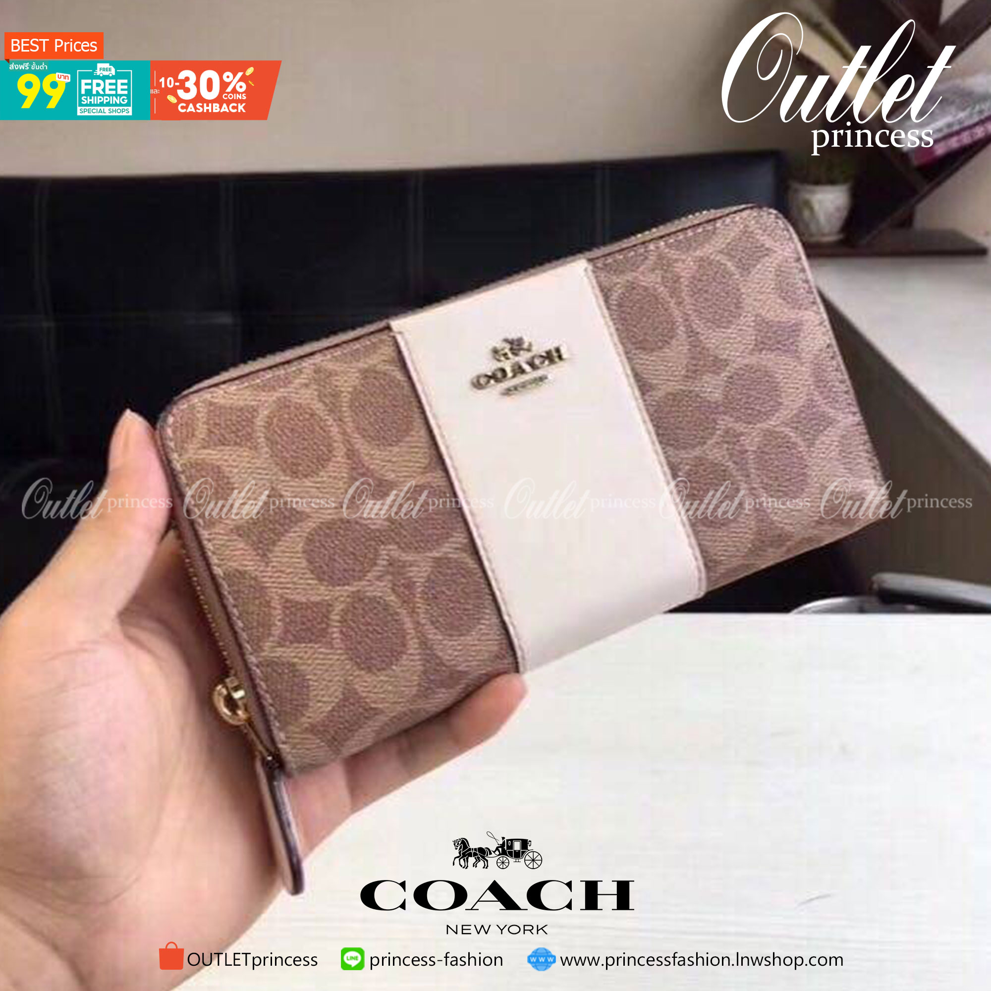 COACH Accordion Zip Wallet in Signature Coated Canvas with Leather กระเป๋าสตางค์ใบยาว เปิด-ปิดกระเป๋าด้วยซิปรอบ ด้านในมีช่องใส่บัตร ช่องใส่ธนบัตร และช่องซิปใส่เหรียญค่ะ