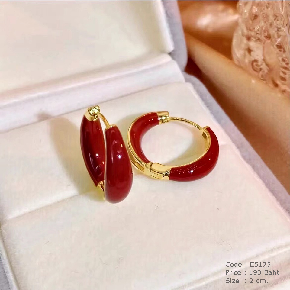 ต่างหูห่วงทอง เคลือบอินาเมลสีแดงเลือดนก