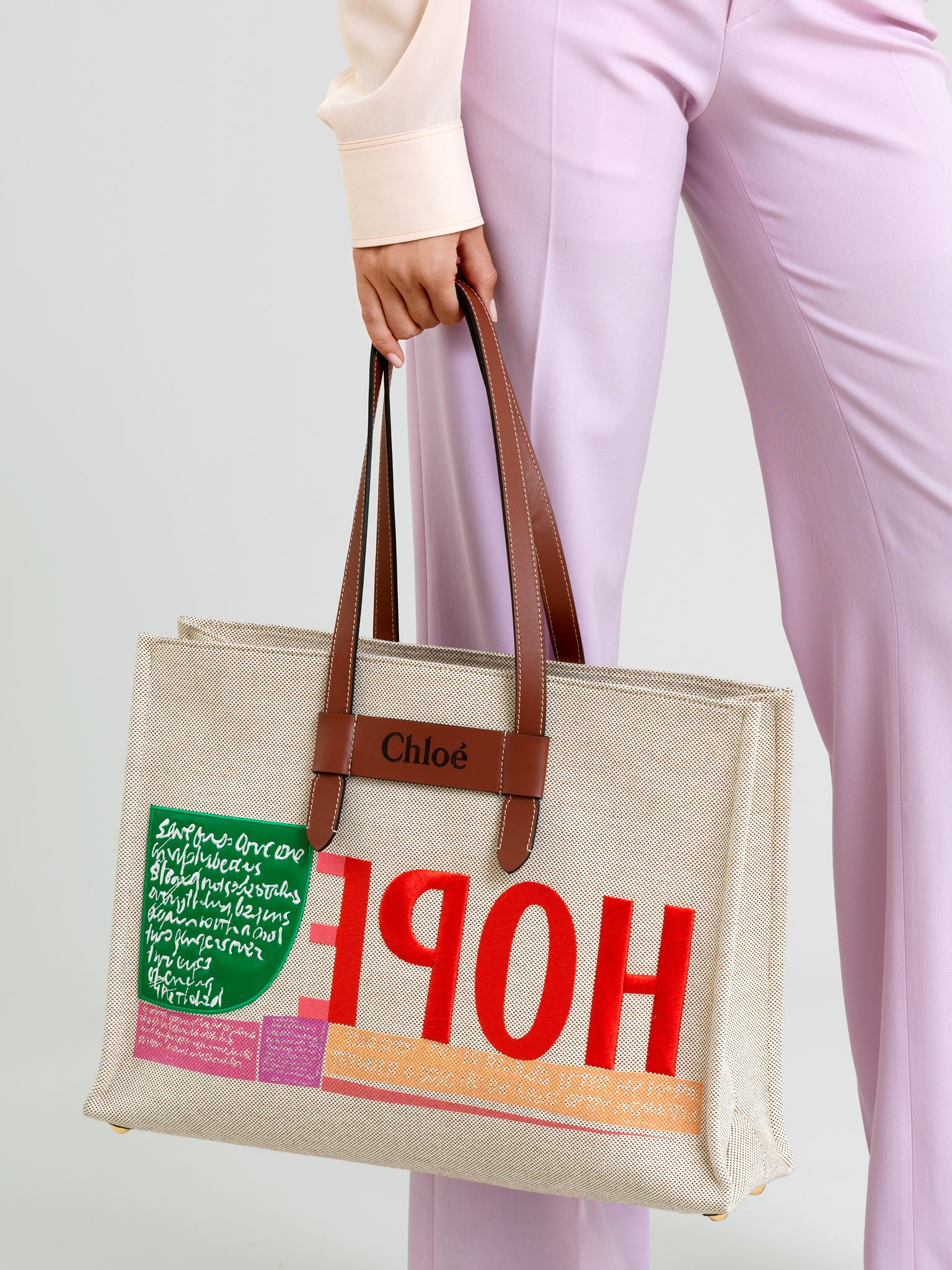 Large: CHLOÉ Woody large leather-trimmed cotton-canvas tote corita kent tote 14” canvas
