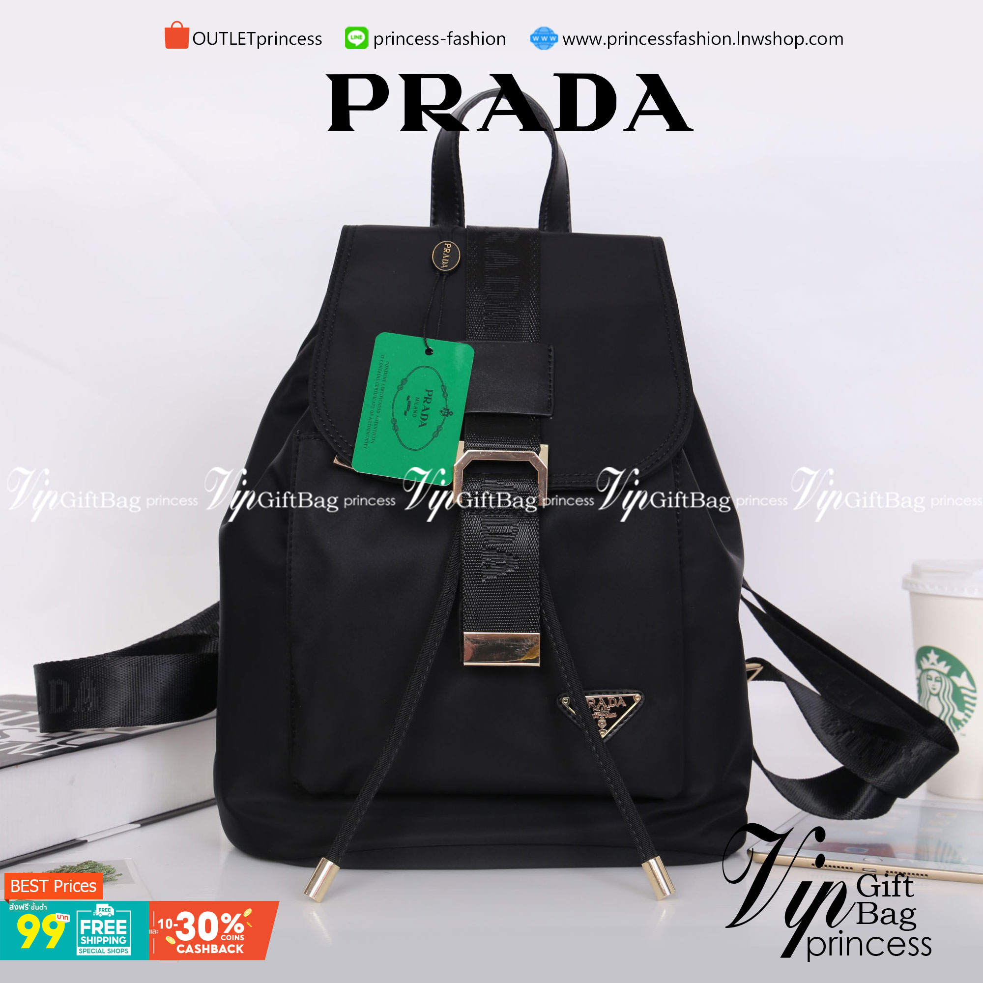 Prada Nylon Drawstring Backpack Bag สินค้า Premium gift จากเค้าเตอร์แบรนดืต่างประเทศ แท้ 100% กระเป๋าสะพายเป้ รุ่น Limited Edition VIP GIFT ทำจากวัสดุผ้า Nylon เนื้อหนา คุณภาพดี ทรงสวย ดีไซน์เกร๋ สไตล์ Prada ด้านหน้ามีช่องกว้างใส่ของจุกจิก อะไหล่ทอง สวยหร