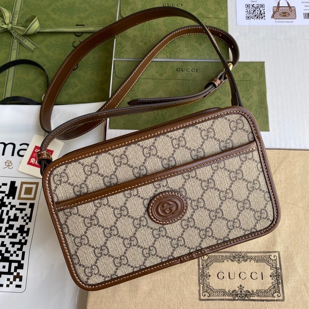 GUCCI Leather-Trimmed Monogrammed Coated-Canvas Messenger Bag กระเป๋าทรงแมสเซ็นเจอร์โมโนแกรม เกรดออริ ท็อป สลับแท้ 1:1 เกรดดีสุด ใช้งานต่างประเทศได้