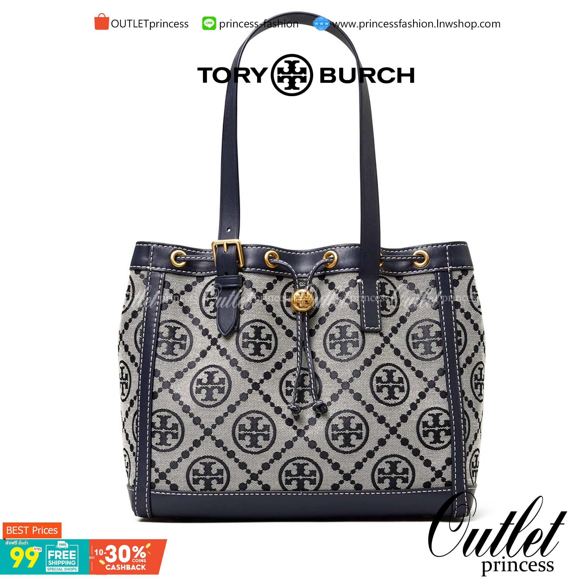 TORY BURCH FACTORY MONOGRAM JACQUARD TOTE BAG กระเป๋าถือหรือสะพายรุ่นล่าสุดดีไซน์ยอดนิยมจาก TORY BURCH FACTORY OUTLET วัสดุ Woven Jacquard & Leather ทอลาย Jacquard Singnature แบรนด์รอบใบสวยอยู่ทรงเป็นเอกลักษณ์ เปิดปิดแบบ Drawstring ขนาดใหญ่กำลังดี กว้างแล