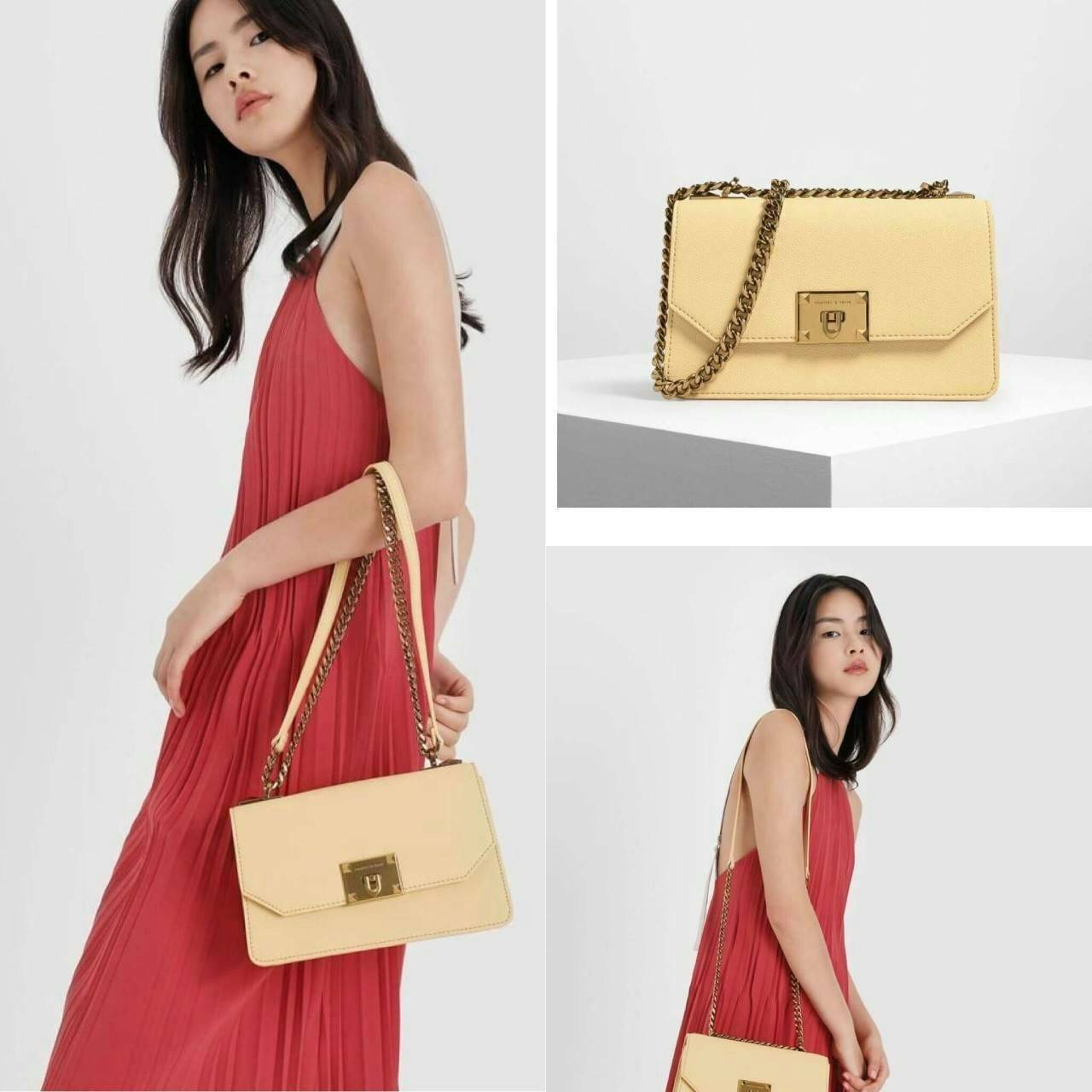 CHARLES & KEITH METAL PUSH LOCK CROSSBODY BAG รุ่นฮิตขายดีมีมาพร้อมส่งแล้วจ้า กับกระเ๋าสะพายไซส์น่ารัก วางอยู่ทรง เปิดปิดด้วย ตัวล็อกด้านหน้า ด้านในแบ่งเป็น 2 ช่องมีช่องซิปตรงกลาง จุของได้เยอะพอควรเลยค่ะ ใส่ iPhone plus ได้สบายๆ และของจุกจิกที่จำเป็น รุ่น