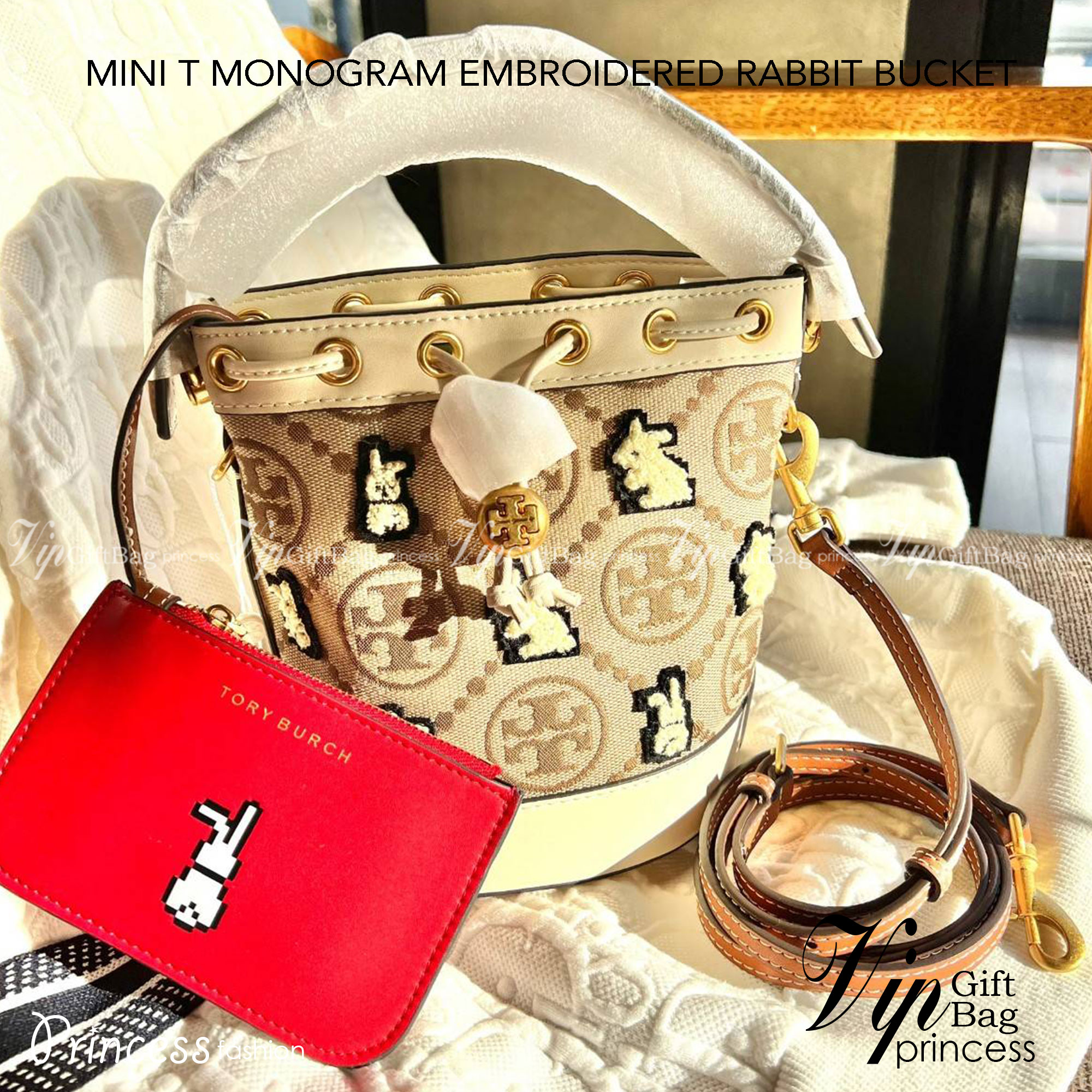 TORY BURCH MINI T MONOGRAM EMBROIDERED RABBIT BUCKET BAG WITH LEATHER SMALL WALLET ((143230)) 🎁 เปิดตัวรุ่นใหม่ได้น่ารักและสวยงามมากๆ พร้อมส่งที่ไทยก่อนใคร
