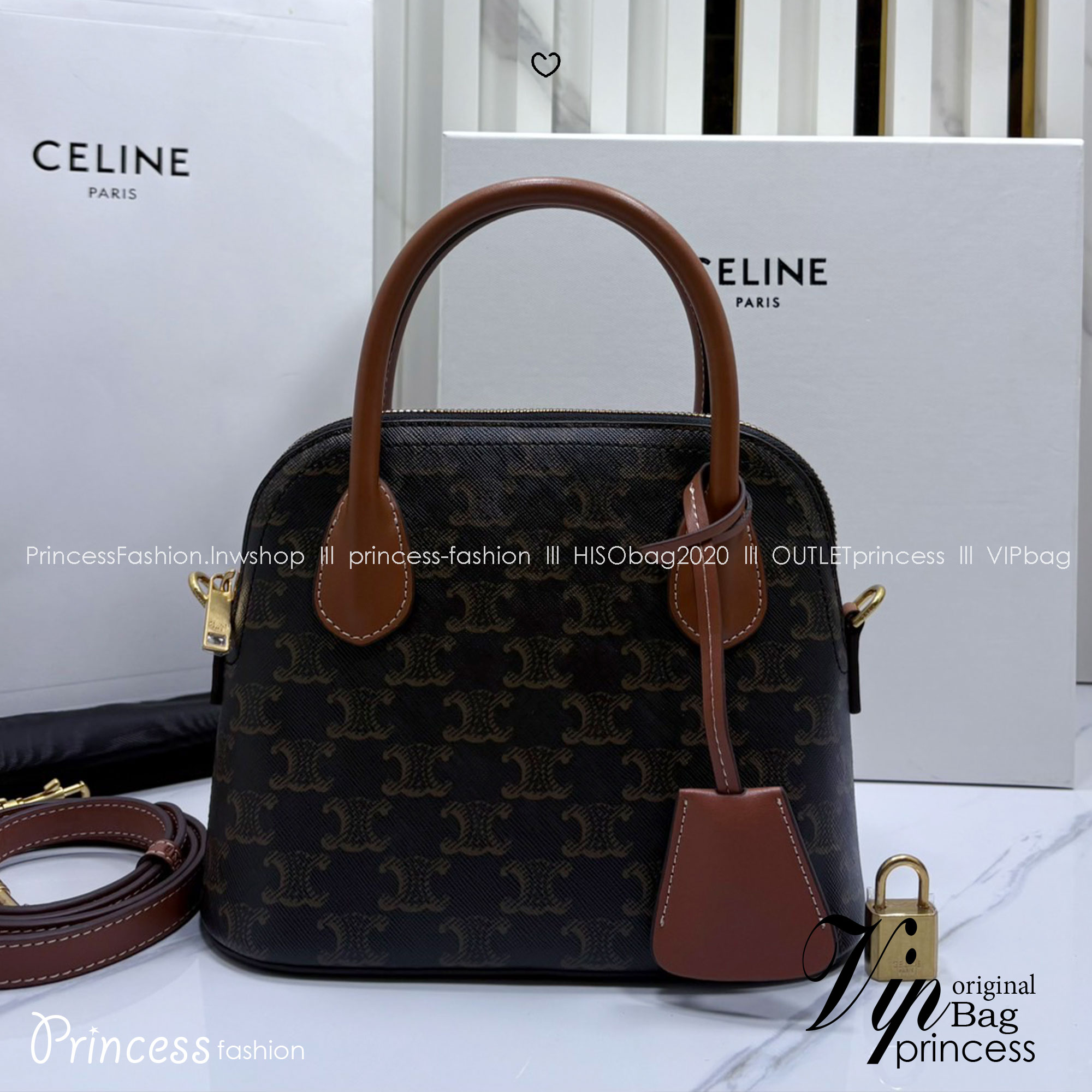 ORI หนังแท้ | CELINE TEEN HONORINE BAG IN Triomphe Canvas and Leather กระเป๋าสะพายทรงอัลม่าโท้ท พร้อมหูจับในตัว สวยเรียบหรู