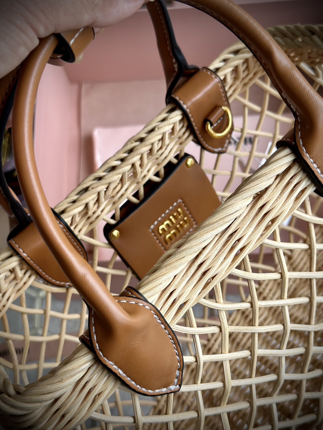 Miu Miu Woven fabric handbag with leather trim กระเป๋าสานดีไซส์ย้อนยุค