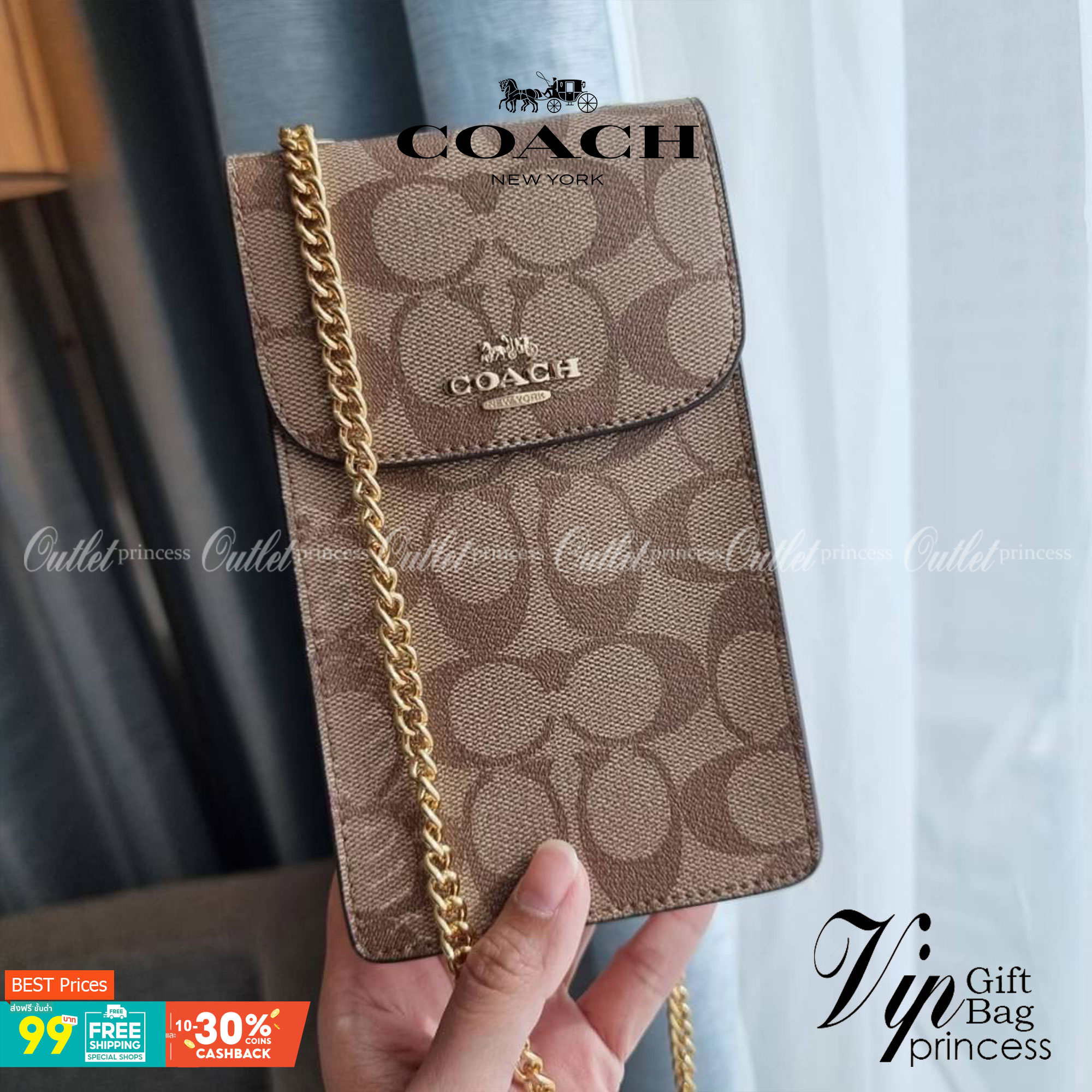 COACH NORTH/SOUTH PHONE CROSSBODY IN SIGNATURE CANVAS F55636 F39955 สุดคลาสสิคกับกระเป๋าสะพายเอนกประสงค์ Case phone ใส่โทรศัพท์มือถือได้ทุกรุ่น ดีไซน์ลายเอกลักษณ์ วัสดุหนังแคนวาสเคลือบลาย ฝาและภายในเป็นหนังสังเคราะห์เรียบ เปิด-ปิดด้วยกระดุม สายสะพายยาวประ