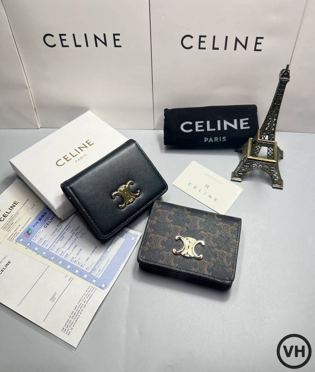 ORI หนังแท้ | CELINE Wallet / Celine Triomphe Compact Wallet กระเป๋าสตางค์ใบสั้น 2 พับ กระเป๋าสตางค์ซีลีน