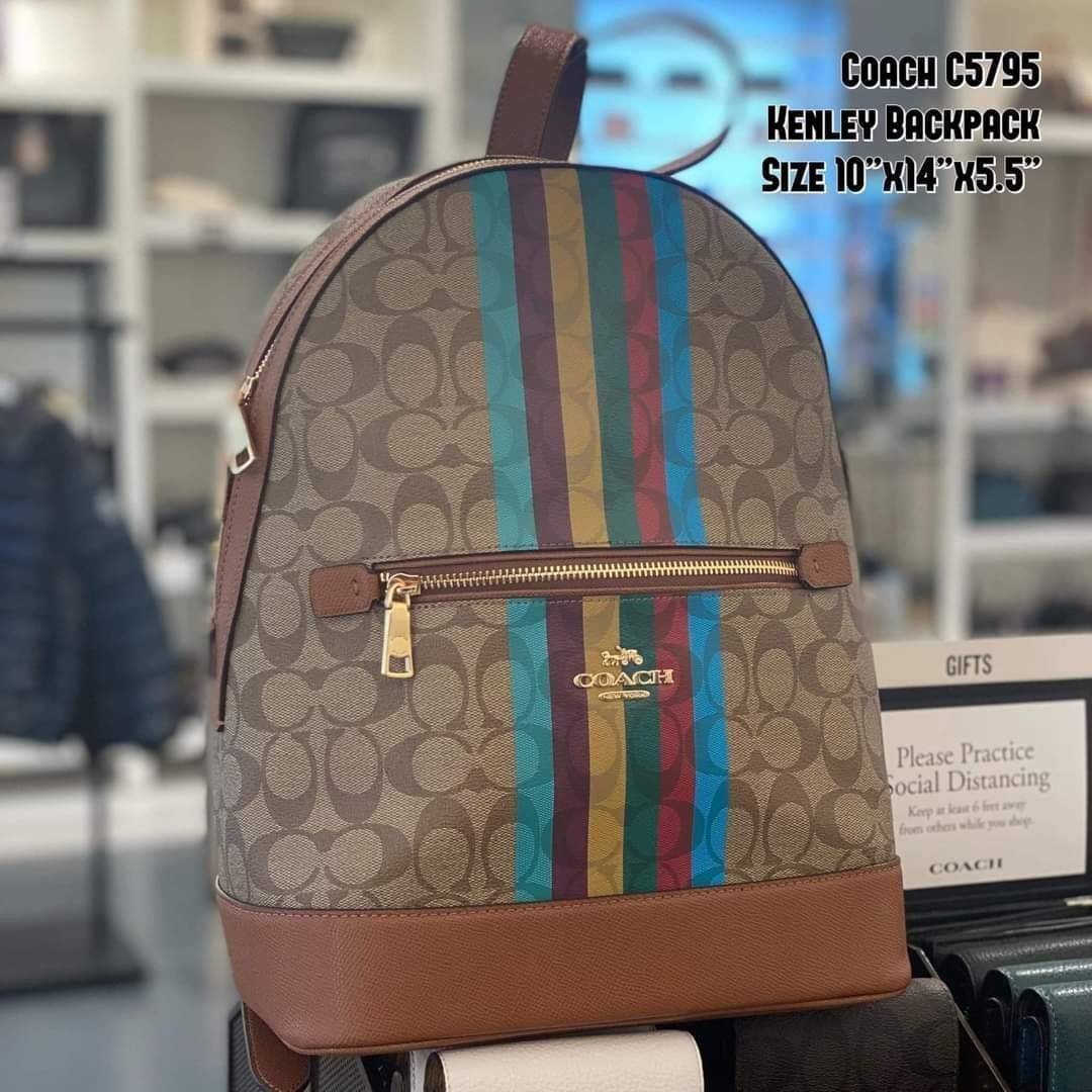 COACH KENLEY BACKPACK IN SIGNATURE CANVAS WITH STRIPE (COACH C5795)🌈🍁กระเป๋าเป้ กระเป๋าสะพายรุ่น Unisex ที่ใช้ได้ทั้งชายและหญิง รูปทรงสวย ขนาดกำลังดี// วัสดุแคนวาสคุณภาพ ผสมหนังแท้ ลาย SIGNATURE//เปิด-ปิด ด้วยซิบ ด้านในโล่งกว้าง จุของได้เย
