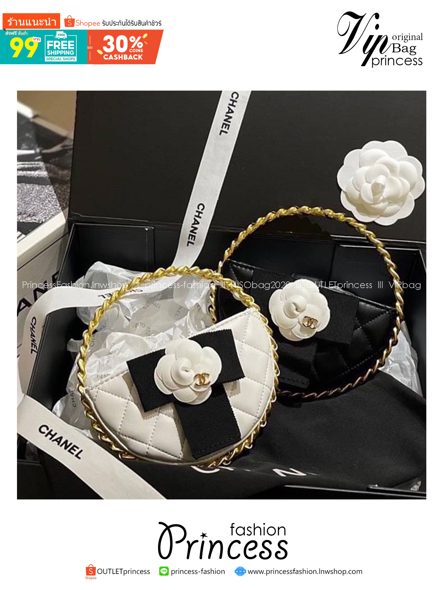 Chanel PouchGold-Tone Metal / CHANEL Quilted Round Camellia Mini Clutch Black กระเป๋าถือหรูหราน่ารัก ประดับดอกคามิเลียเป็นเอกลักษณ์ เกรดไฮเอน 1:1
