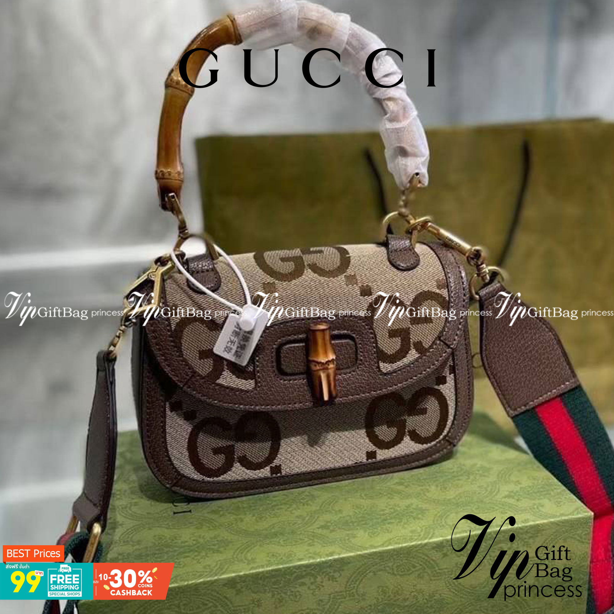 Gucci Bamboo 1947 jumbo GG mini bag พร้อมส่งที่ไทย Camel and ebony jumbo GG canvas