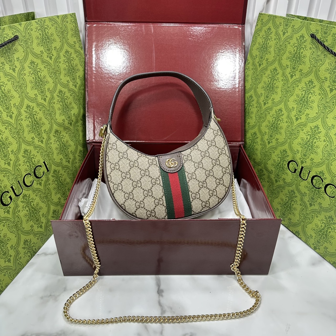 ORI หนังแท้ | Gucci Ophidia small shoulder bag / Gucci Hobo Bag กระเป๋าสะพายทรงโฮโบรูปพระจันทร์ มอบชีวิตชีวาให้กับมรดกของแบรนด์ด้วยแถบ Web