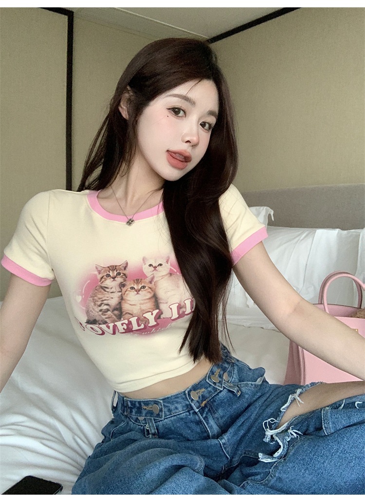 พร้อมส่ง 🎀🐇 Pop crop เสื้อครอปพิมพ์ลายแมวน่ารักมาก (IN38414)
