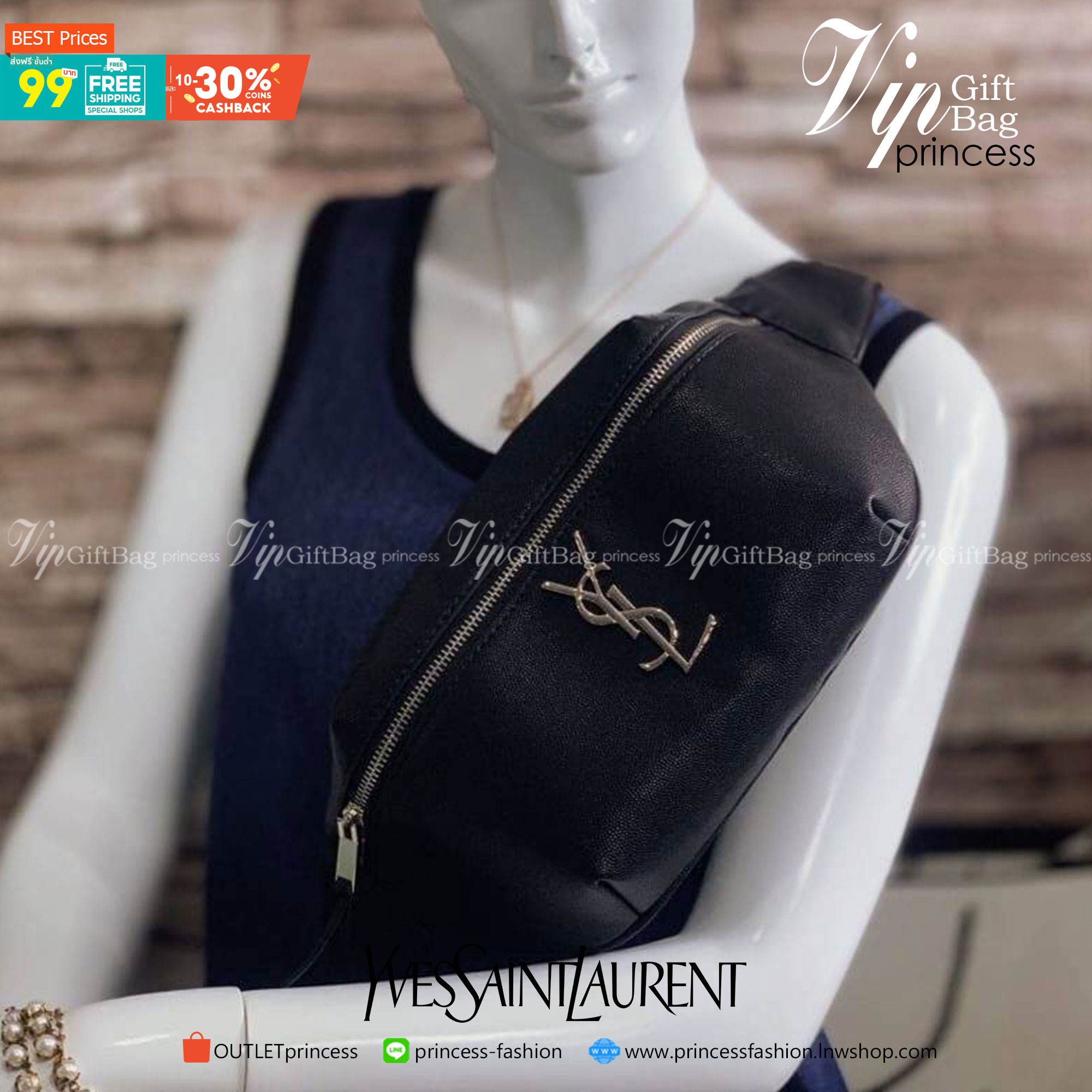 พรีเมี่ยมกิ๊ฟแท้ 100% 】VIP YSL Belt Bag กระเป๋าคาดอก คาดเอว งานดี หนังสวย ทรงเทห์ Black leather