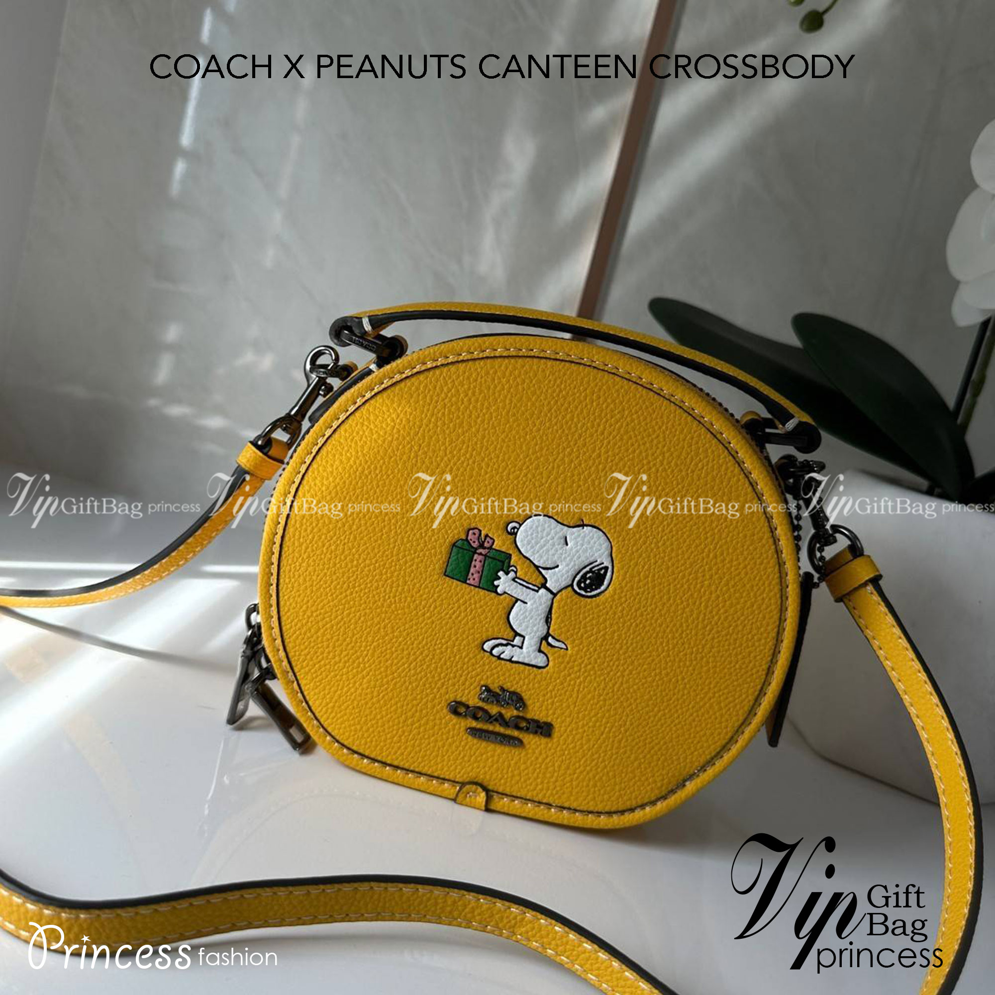 COACH X PEANUTS CANTEEN CROSSBODY WITH SNOOPY PRESENT MOTIF (CE845,CF290) กระเป๋าสะพายข้างทรงกลมไซส์มินิ มีหูจับ วัสหนังแท้ ด้านหน้าโดดเด่นด้วยรูปการ์ตูนSnoopy