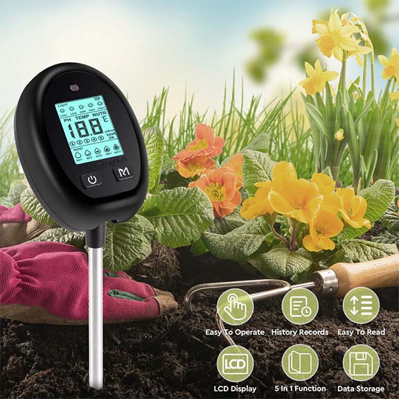 Moistenland เครื่องวัดดินแบบดิจิตอล 6-in-1 สำหรับวัดแสง/ความชื้นดิน/อุณหภูมิ/ค่า pH/ธาตุอาหารในดิน สำหรับพืชสวน ไร่นา