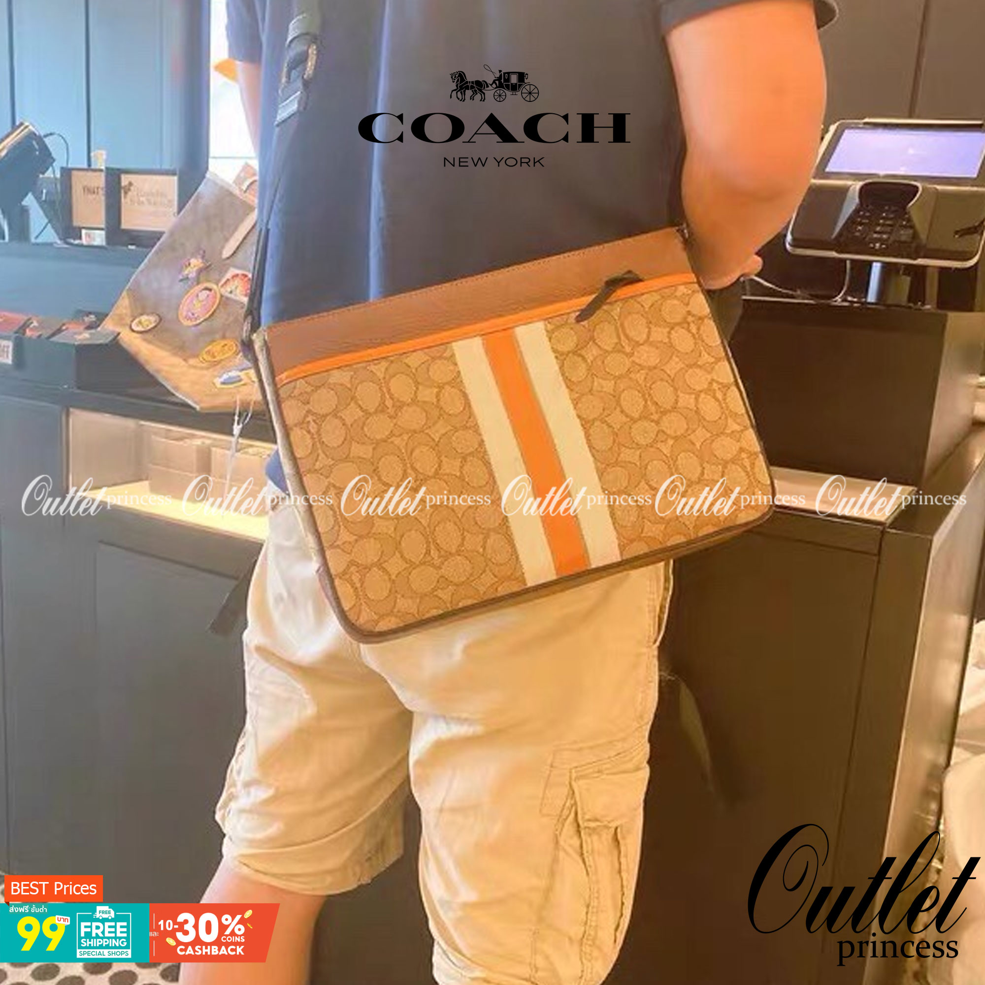 COACH THOMPSON IN SIGNATURE JACQUARD WITH VARSITY STRIPE BAG ((C5291)) พร้อมส่งที่ไทยค่ะ! กระเป๋าใส่เอกสารอเนกประสงค์ สามารถใส่A4ได้ วัสดุJacquardทอลายแบรนด์ ตัดขอบหนังแท้สวยงาม น้ำหนักบาค่ะ ด้านหน้าตัดแทบสีลงมาสวยงาม ช่องหลักเปิดปิดแบบซิป ภายในกว้างใส่สั